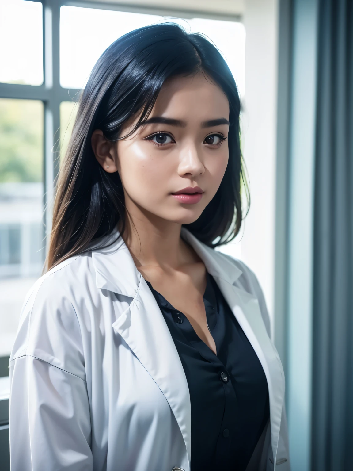 1girl, Photorealistic beautiful doctor、stunningly beautiful、doctors white coat, Collared shirt、(top-quality、8K、32K、​masterpiece)、A high resolution, (Photorealsitic:1.4),Raw photography, Detailed face,Beautiful hair, ((Doctor Style)), , Black tight skirt、 Natural makeup, inside hospital, Detailed background, Perfect Lighting, depth of fields, Beautiful shadow gradient,stethoscope ,, ThaifaceMIXX