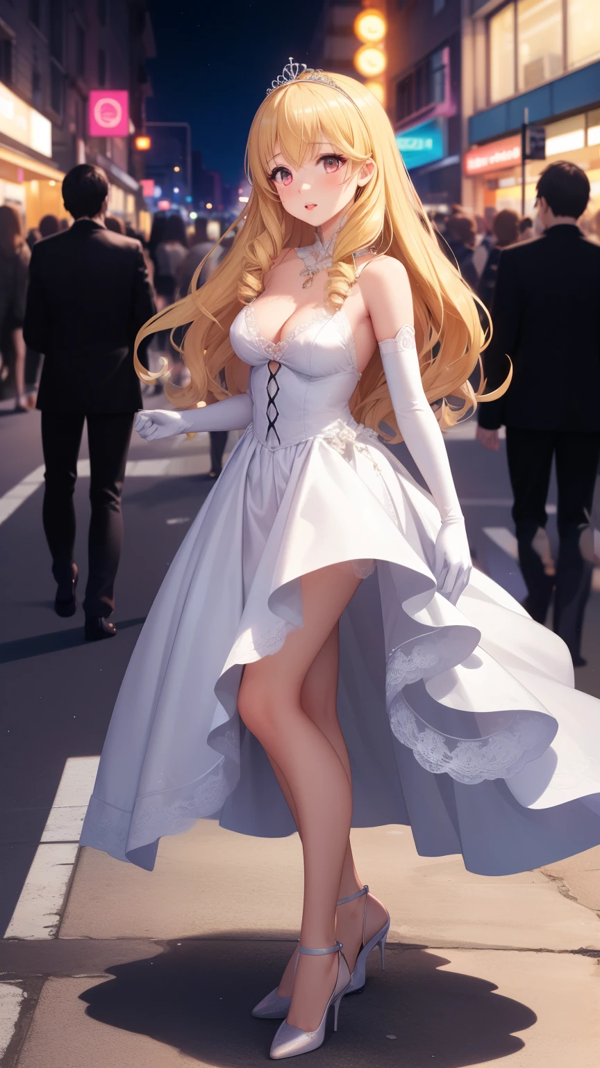 masterpiece, best quality, 1girl, very curly hair, blonde hair, shiny hair, tiara, diadem, medium breasts, glossy lips, good lighting, latifa fleuranza, dress, elbow gloves, city street, neon lights, night, crowd, standing, high heels