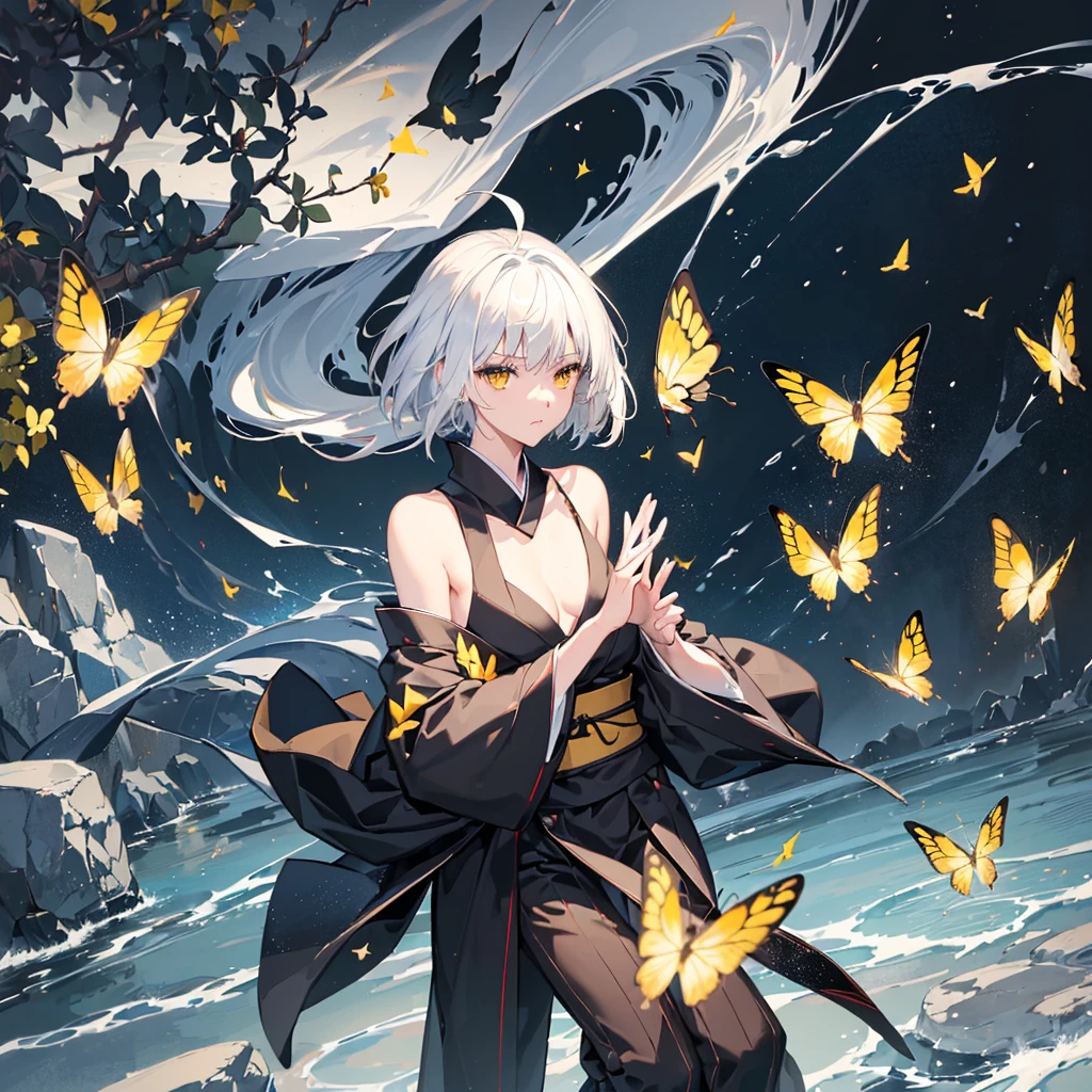 ((high resolution　White Hair　Short Hair　Black kimono　Black band　Military commander　Lonely　despair))　((Yellow butterfly　night　Japanese style　Shoulder　old　Shining Aura　garden　water surface))　(Dance　Blade of Darkness　Holding a sword　Slashing)　moon　star　Draw your sword　Slashing　Catch the wind　