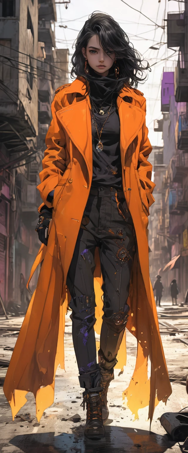 oscuro y desgarrado, 1 joven hermoso cuerpo musculoso, fierce expression, sosteniendo un arma, (colores en su ropa, warm, naranja, amarillo, Violeta:1.3), standing in a desolate wasteland, dramatic lighting, sombras intensas, textura arenosa, tall contrast, Colores vibrantes, dynamic pose, postura poderosa, fondo rugoso, explosive atmosphere, dystopian theme, elementos surrealistas, digitally painted illustration, High definition resolution, detalles intrincados, dramatic composition, avant-garde and chaotic brushstrokes, Gothic style, emociones intensas, epic scale, raw and gritty feeling, Obras de arte cautivadoras y provocativas..