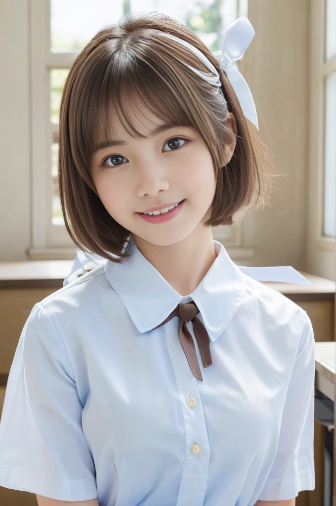 (best quality,4k,8k,highres,masterpiece:1.5),(ultra-detailed,realistic,photorealistic,photo-realistic:1.37),portrait,(looks ultra young Japanese girl,Incredibly Ultra Slim body:2.0),(cute breasts:1.25),(mesmerizingly beautiful face:1.5),[Close-up of her eyes:2.0],(striking features,ultra cute and idol-like big smile:1.5),(distinctly expressive ultra beautiful eyes:2.0),beautifully shaped eyebrows,captivating gaze,delicately curved pale pink lips,pink lips,natural rosy cheeks,vibrant charm,flawless and fair skin,subtle shading,realistic rendering,(She is wearing a summer junior high school uniform:1.5),(White shirt:1.5),(Light blue ribbon:1.5).(She has dark brown hair:1.5),(ultra short hair:1.5),gently swaying,golden rays of sunlight gently illuminating the scene,elegant and graceful posture,creating a tranquil and serene atmosphere. She's in the classroom.