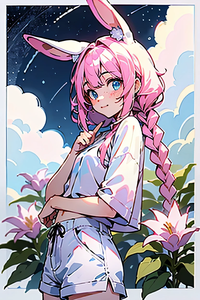 ((Best quality)), ((masterpiece)), (detailed), perfect face, one girl, face accent, Close Person, Pink hair, Blue eyes, freckles, bouffant hairstyle, two braids, long bangs, Hare's ears, hairstyle covers ears, white top, shorts, cute, Stars in the background, Bright sky, clouds in the background, flowers on the background, looks straight, looks into the frame
