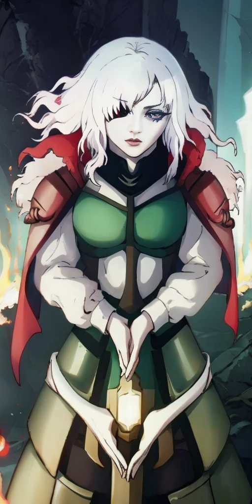 (masterpiece:1.2), (best quality:1.2), perfect eyes, perfect face, perfect lighting, 1girl, mature whsororitas with a laser rifle in her hands, scar over one eye, eyepatch, red tabard, white hair, warhammer 40k, chaos, fire, scifi, detailed ruined city background, power armor