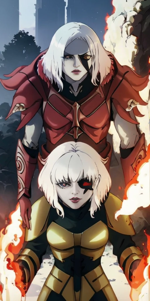 (masterpiece:1.2), (best quality:1.2), perfect eyes, perfect face, perfect lighting, 1girl, mature whsororitas with a laser rifle in her hands, scar over one eye, eyepatch, red tabard, white hair, warhammer 40k, chaos, fire, scifi, detailed ruined city background, power armor