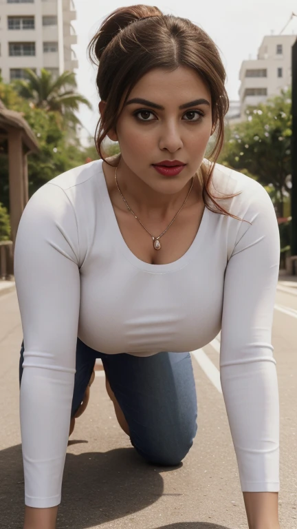 extreme close up photo of  kiara, curvy, hourglass figure, swooping breasts, deep cleavage, seductive eyes, look at viewer, doing push ups on road, necklace, White Crew Neck T-Shirt and Lift, Slim And Shape Skinny Jeans, red lips, sultry, ponytail, (cinematic:1.3), intricate details, (ArtStation:1.2)