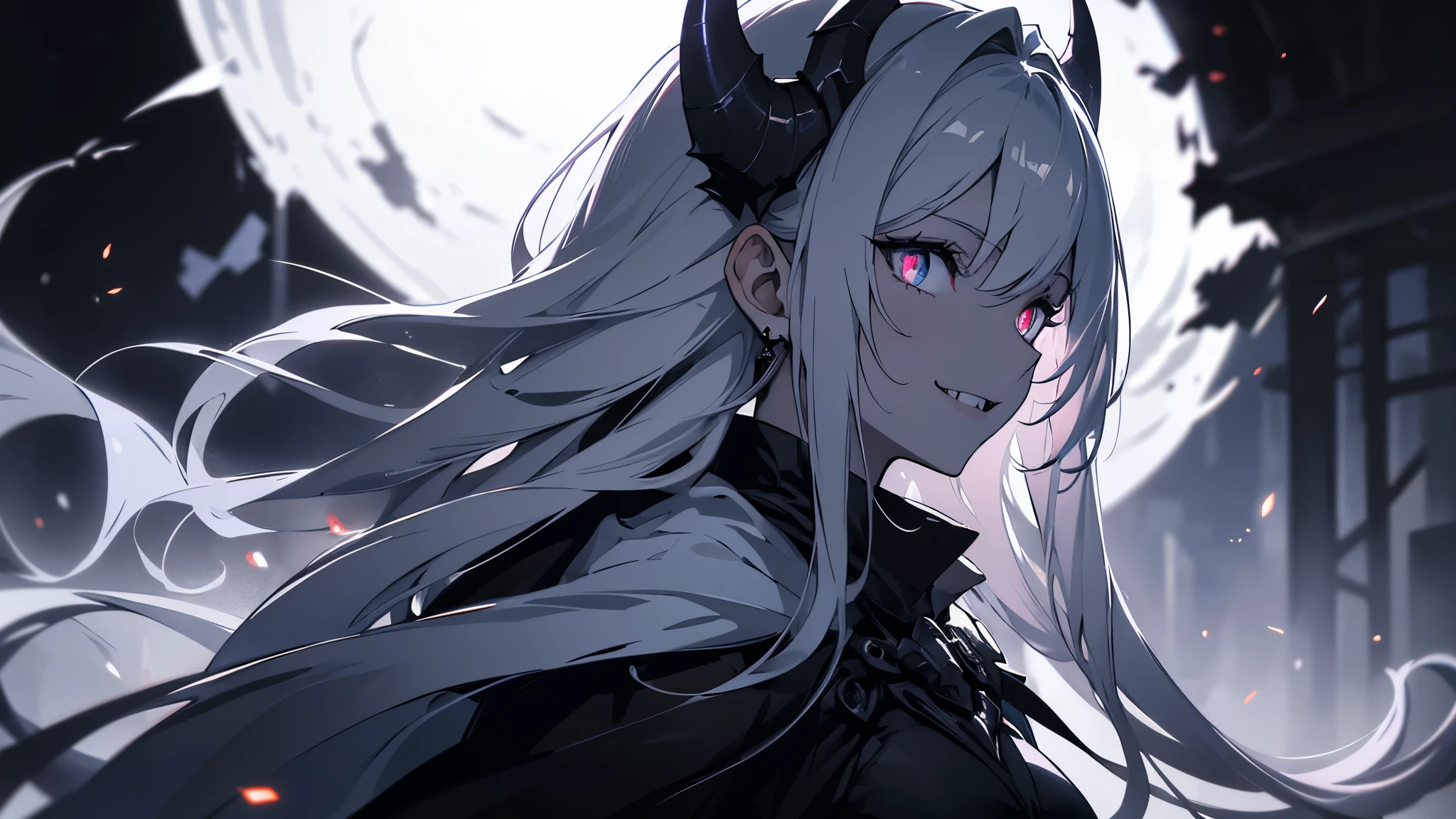 (Background white),Glowing eyes in maximum darkness, A devilish smile with bared fangs, full dark, dark, break, female silhouette in the dark, Almost invisible, (Ultra-realistic), {Highly detailed CG unit 8k wallpaper},From the side,profile,Right facing