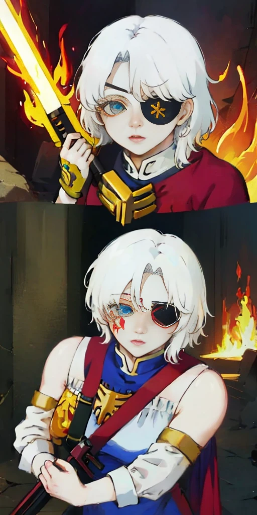 (masterpiece:1.2), (best quality:1.2), perfect eyes, perfect face, perfect lighting, 1girl, mature whsororitas with a laser rifle in her hands, scar over one eye, eyepatch, red tabard, white hair, warhammer 40k, chaos, fire, scifi, detailed ruined city background, power armor