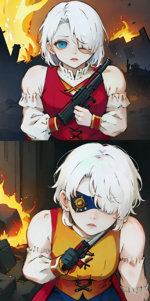 (masterpiece:1.2), (best quality:1.2), perfect eyes, perfect face, perfect lighting, 1girl, mature whsororitas with a laser rifle in her hands, scar over one eye, eyepatch, red tabard, white hair, warhammer 40k, chaos, fire, scifi, detailed ruined city background, power armor