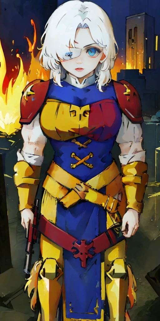 (masterpiece:1.2), (best quality:1.2), perfect eyes, perfect face, perfect lighting, 1girl, mature whsororitas with a laser rifle in her hands, scar over one eye, eyepatch, red tabard, white hair, warhammer 40k, chaos, fire, scifi, detailed ruined city background, power armor