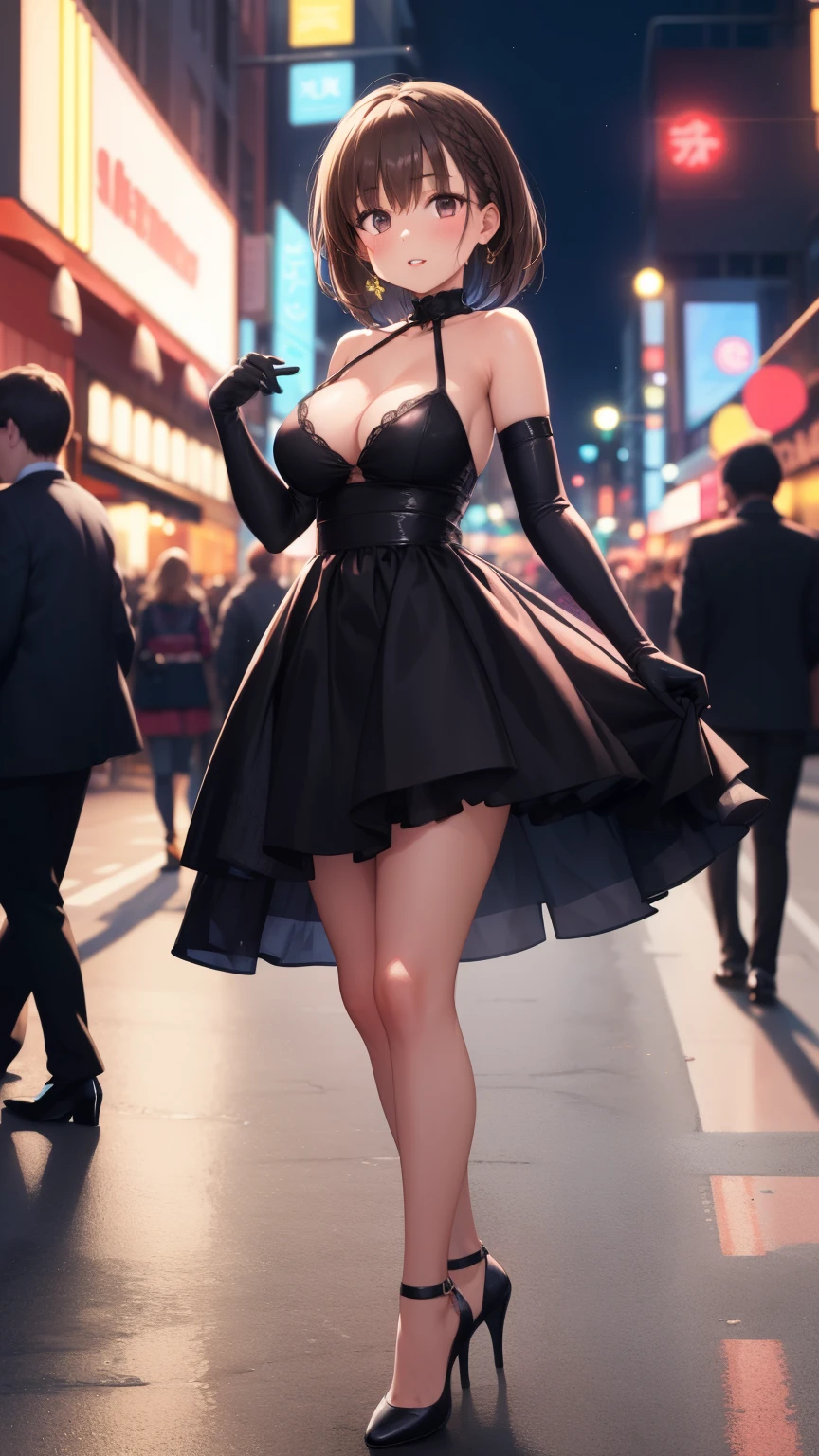 masterpiece, best quality, 1girl, short brown hair, side braid, large breasts, glossy lips, good lighting, aichan, dress, elbow gloves, city street, neon lights, night, crowd, standing, high heels