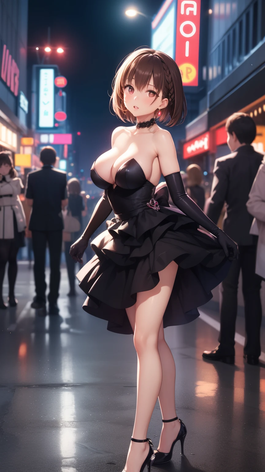 masterpiece, best quality, 1girl, short brown hair, side braid, large breasts, glossy lips, good lighting, aichan, dress, elbow gloves, city street, neon lights, night, crowd, standing, high heels