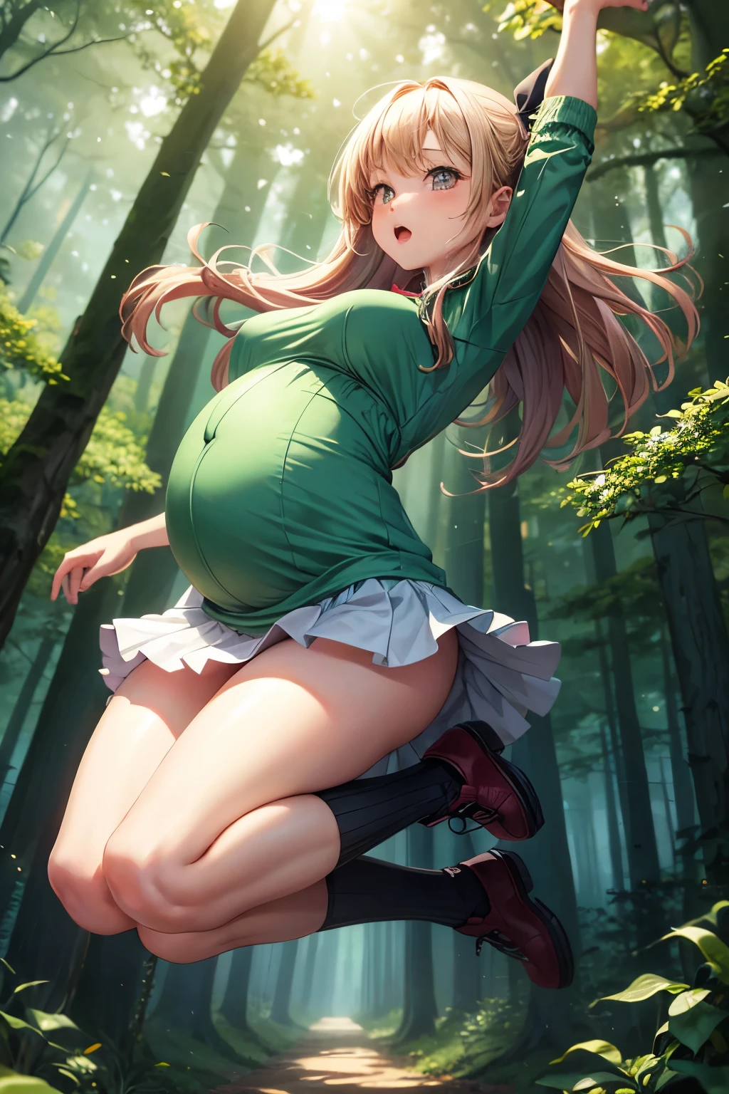 young girl jumps in the air, miniskirt flies up, top moves by jumping, big , minislip, in the forest, pregnant