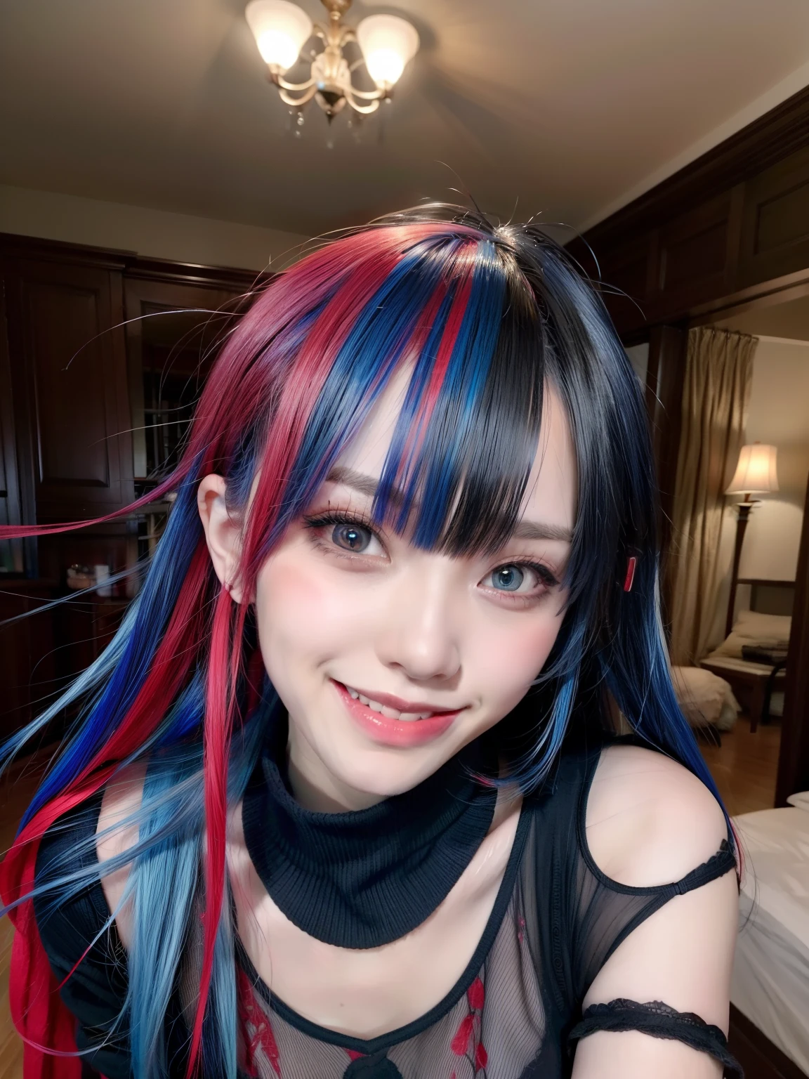 masterpiece, best quality, highly detailed,1girl,indoors, adult, split-color hair, red and blue hair, hair over eye, dynamic pose, clothes, grin