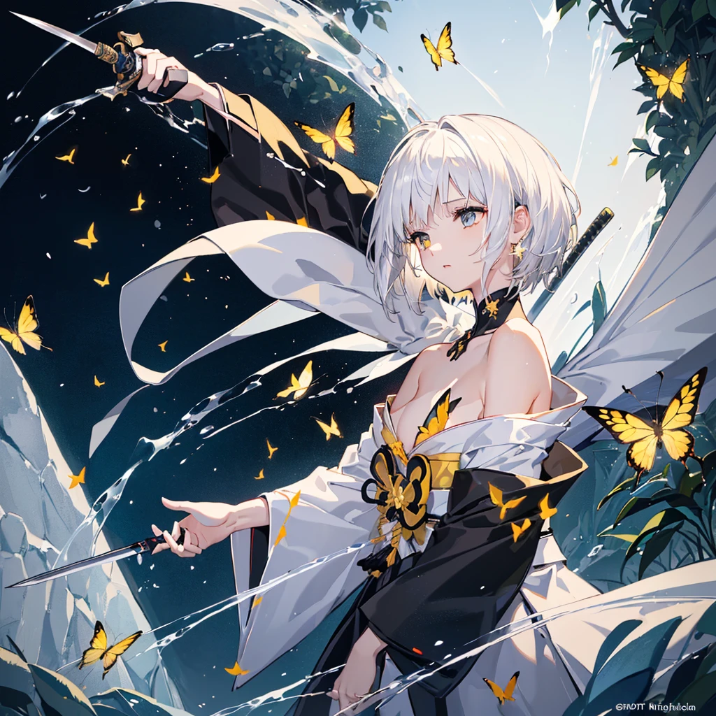 ((high resolution　White Hair　Short Hair　Black kimono　Black band　Military commander　Lonely　despair))　((Yellow butterfly　night　Japanese style　Shoulder　chest　old　Shining Aura　garden　water surface))　(Dance　Blade of Darkness　Holding a sword　Slashing)　moon　star　Draw your sword　Slashing　Catch the wind　