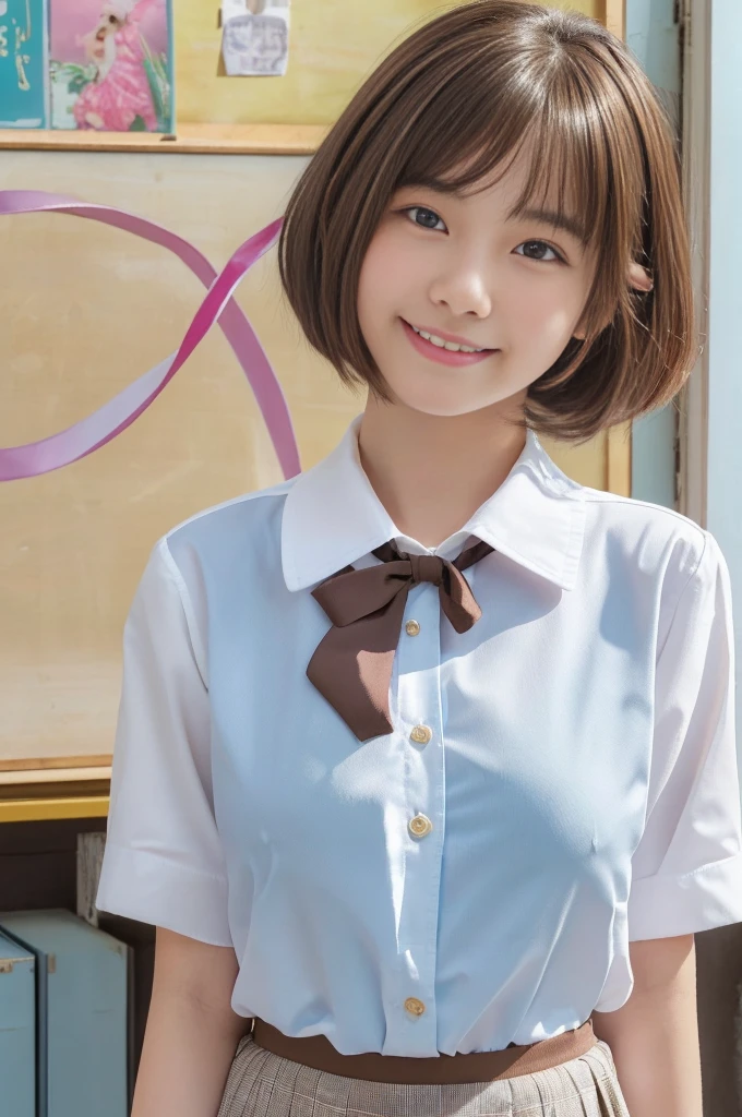(best quality,4k,8k,highres,masterpiece:1.5),(ultra-detailed,realistic,photorealistic,photo-realistic:1.37),portrait,(looks ultra young Japanese girl,Incredibly Ultra Slim body:2.0),(cute breasts:1.25),(mesmerizingly beautiful face:1.5),[Close-up of her eyes:2.0],(striking features,ultra cute and idol-like big smile:1.5),[distinctly expressive ultra beautiful eyes:2.0],beautifully shaped eyebrows,captivating gaze,delicately curved pale pink lips,pink lips,natural rosy cheeks,vibrant charm,flawless and fair skin,subtle shading,realistic rendering,(She is wearing a summer junior high school uniform:1.5),(White shirt:1.5),(Light blue ribbon:1.5).(She has dark brown hair:1.5),(ultra short hair:1.5),gently swaying,golden rays of sunlight gently illuminating the scene,elegant and graceful posture,creating a tranquil and serene atmosphere. She's in the classroom.