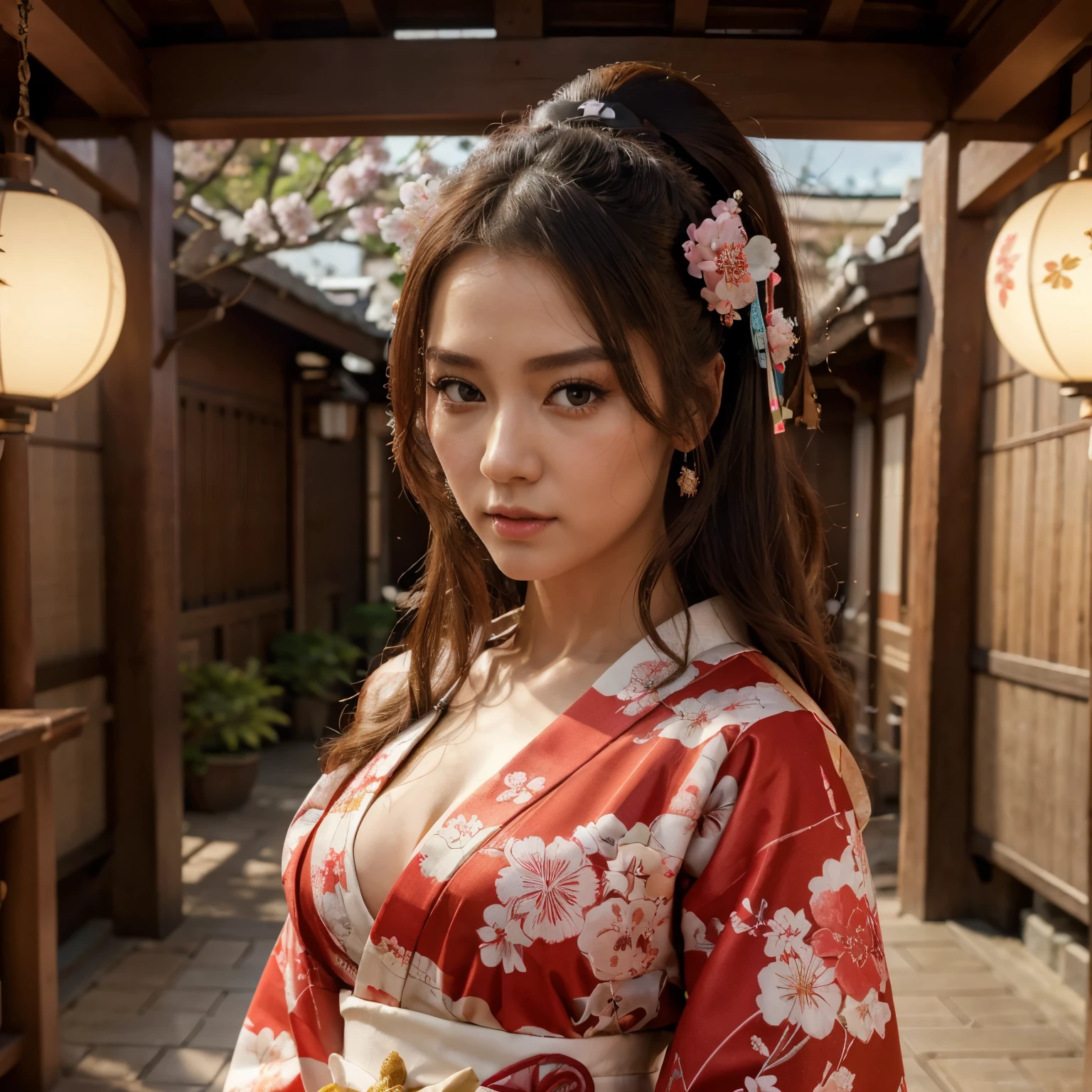 (best quality,4k,8k,highres,masterpiece:1.2),vivid colors,physically-based rendering,portrait,beautiful detailed eyes,long hair,long legs,traditional Japanese clothing,geisha,elaborate kimono,sakura blossom,fan,detailed ornaments