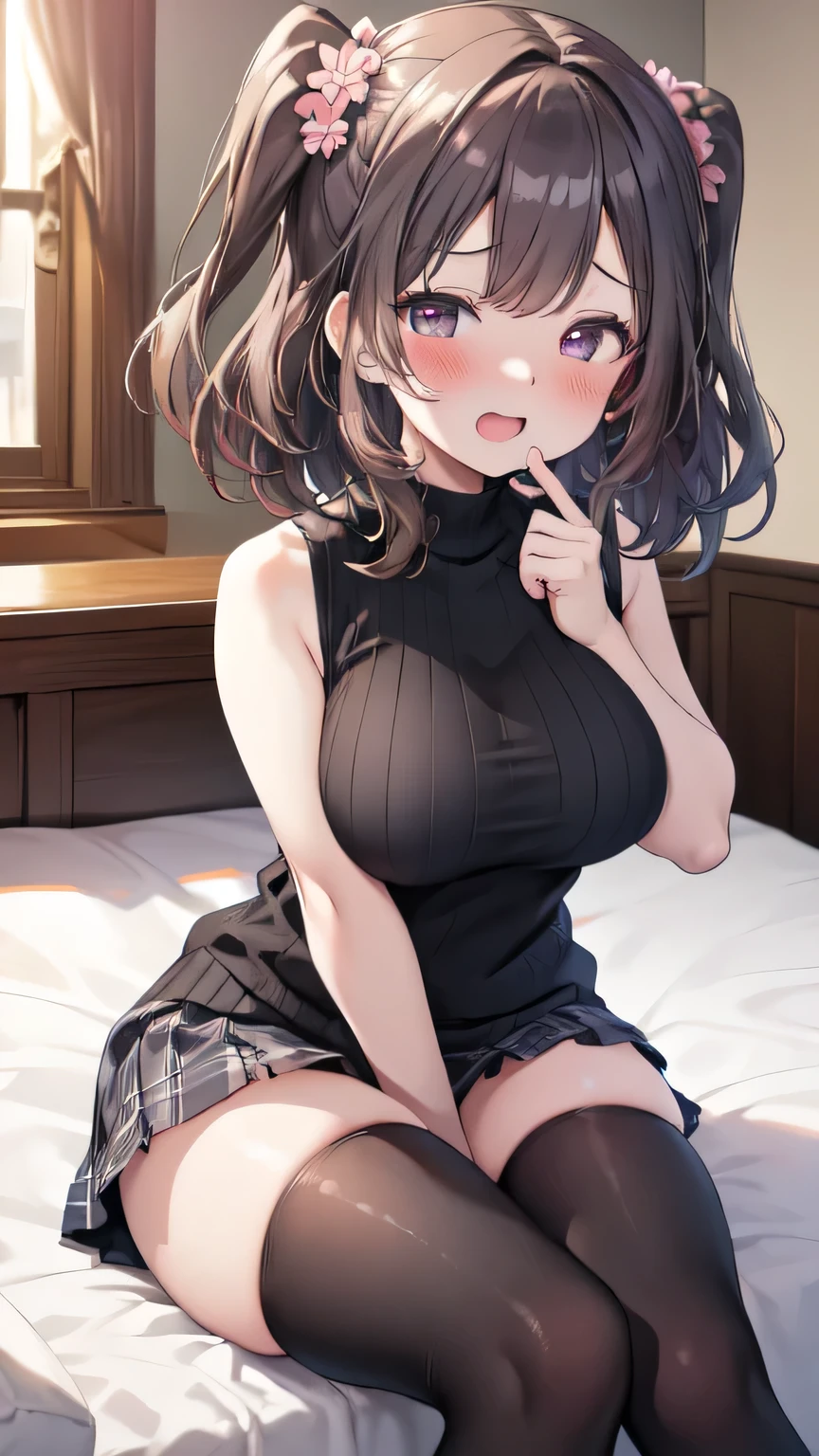 Very detailed、(8k, RAW Photos, highest quality, masterpiece:1.2), (Very detailed 8k wallpaper),shape、Professional Lighting,Sharp focus, Written boundary depth、
Browsing Caution、Clear Eyes、Perfect Anatomy、With a girl、************、Black Hair、Big Breasts、(blush:1.5)、Open Mouth、(White sleeveless sweater:1.3)、Tartan check micro mini skirt、、Black knee-high socks、,、imminent kiss,(Accentuate your thighs:1.3)、bed、