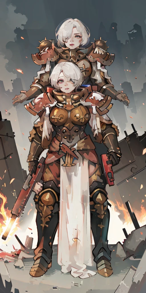 (masterpiece:1.2), (best quality:1.2), perfect eyes, perfect face, perfect lighting, 1girl, mature whsororitas with a laser rifle in her hands, scar over one eye, eyepatch, red tabard, white hair, warhammer 40k, chaos, fire, scifi, detailed ruined city background, power armor