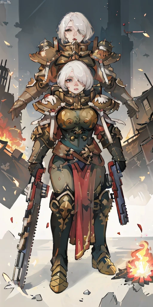 (masterpiece:1.2), (best quality:1.2), perfect eyes, perfect face, perfect lighting, 1girl, mature whsororitas with a laser rifle in her hands, scar over one eye, eyepatch, red tabard, white hair, warhammer 40k, chaos, fire, scifi, detailed ruined city background, power armor
