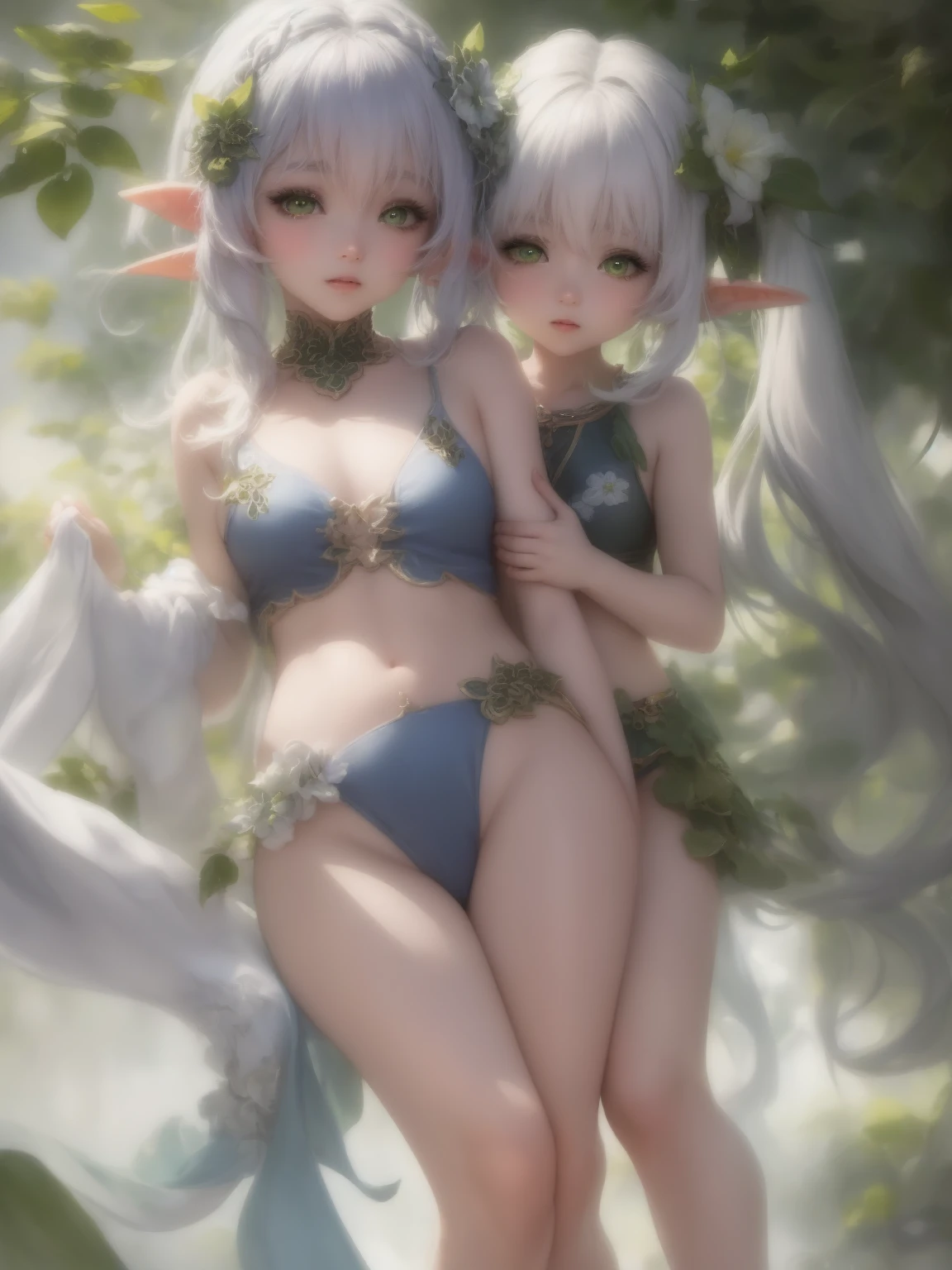 A breathtaking painting in digital art form.. The painting depicts a female elf (((15 years))) Beautiful and elegant with white hair, Anime girl with white hair and green eyes (((White Bikini))), (((whole body))), Elf character with an innocent smile, Beautiful and elegant female elf, Very beautiful fairy portrait. They have long ears and a cute and attractive appearance., Female elves have white skin, people々exudes an extraordinary temperament that gives a surreal feeling to. This work is extremely realistic、ふわふわした陶器people形のように魅惑的である。. (((Swimwear)))