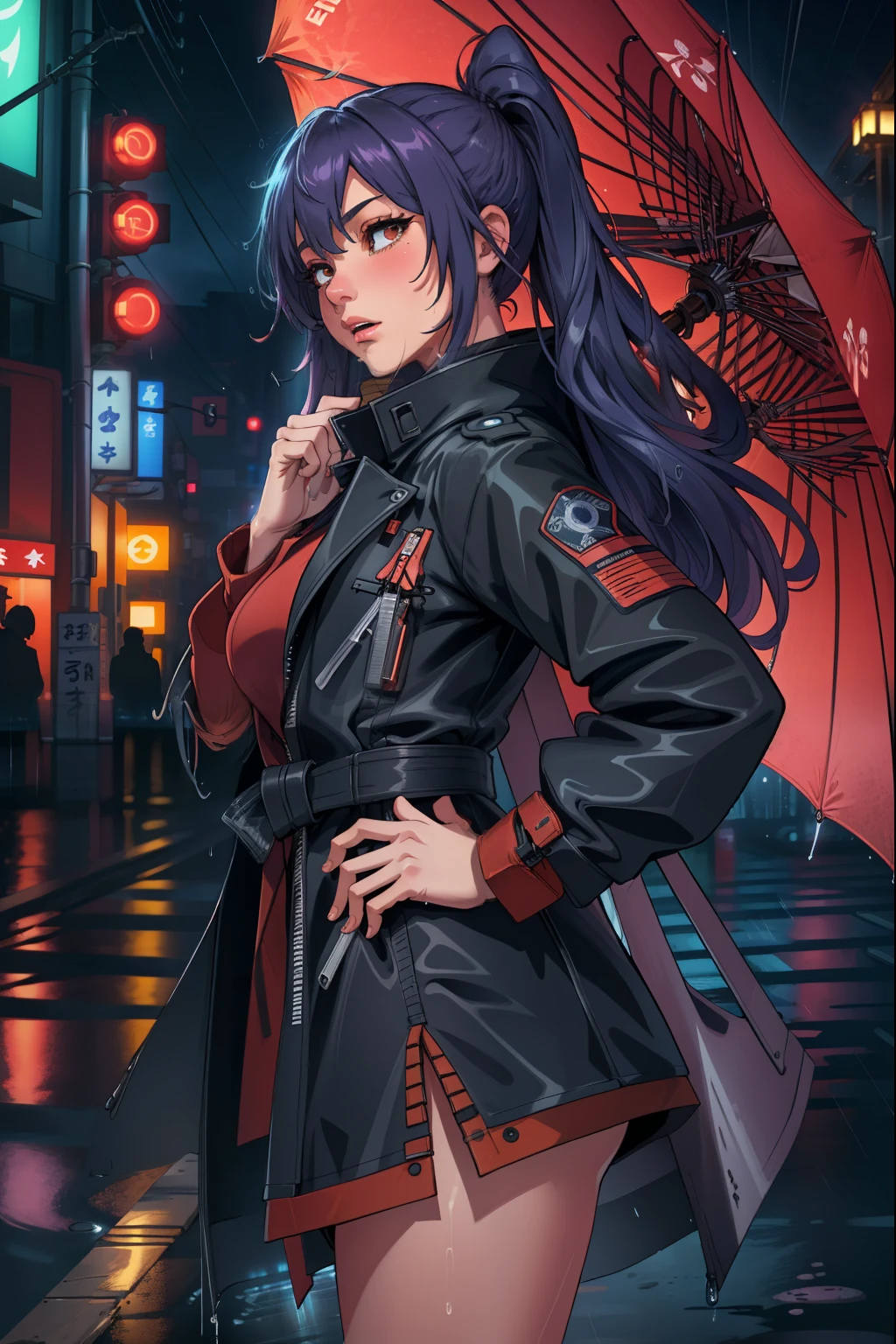 (extremely detailed CG unity 4k wallpaper),(masterpiece),(best quality),(ultra-detailed),(best illustration),(best shadow),(absurdres),(Detailed background), Woman, Long hair, Neon lights Tokyo, Night, Raining, Wet, Tired expression, Trench coat, Side shot, brown eyes,