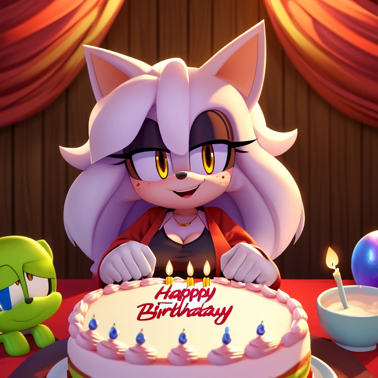 masterpiece, detailed background, hi res, detailed, 4k, mobian, green skin, white hair, wavy hair, long hair, yellow eyes, pointy ears, medium breasts, freckles, casual clothes, wamudraws_style, happy birthday, birthday birthday cake,