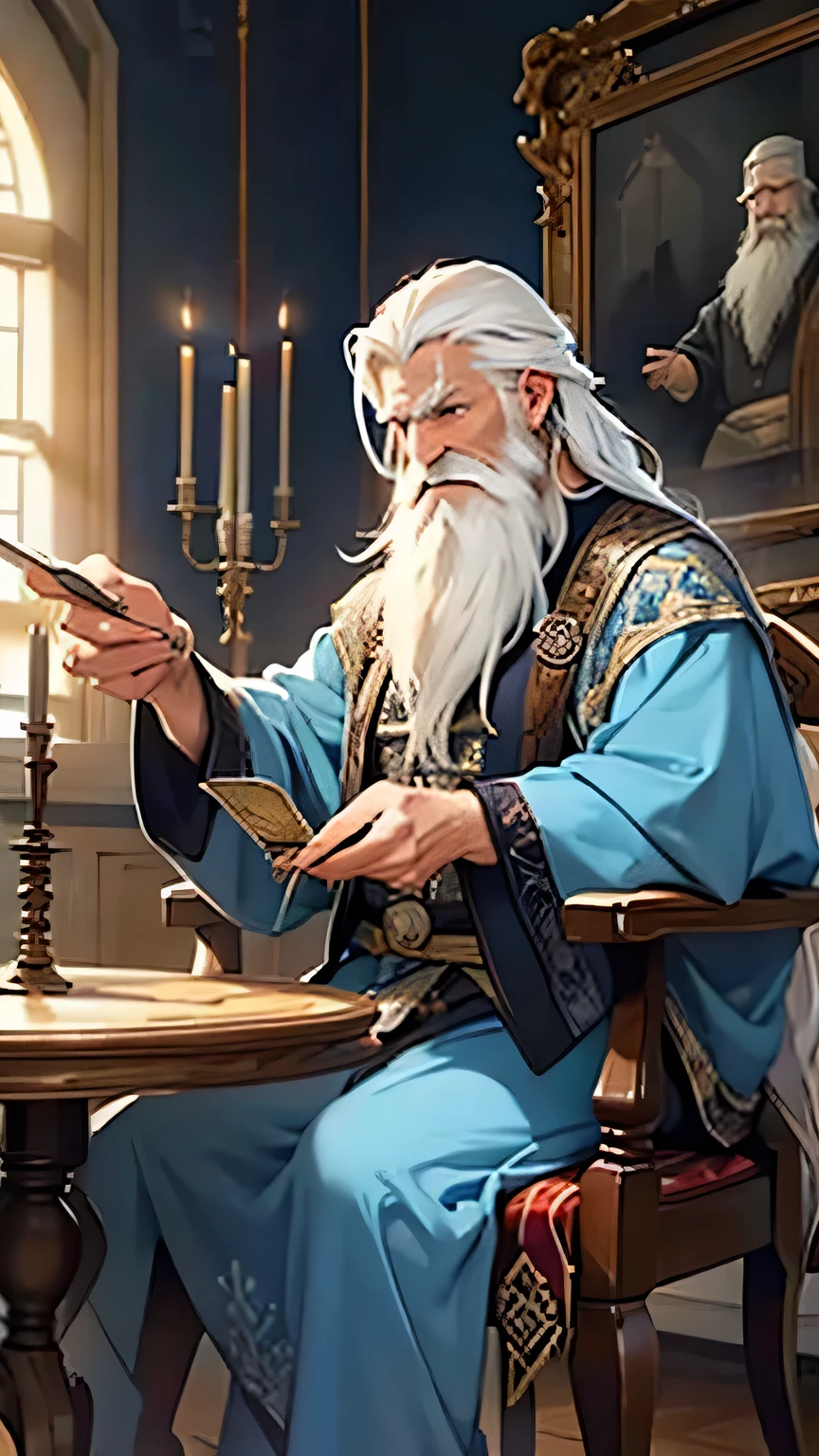 Elderly man performing magic in a room furnished with ancient magical artifacts. Long white hair, long white beard, wearing blue Viking clothing