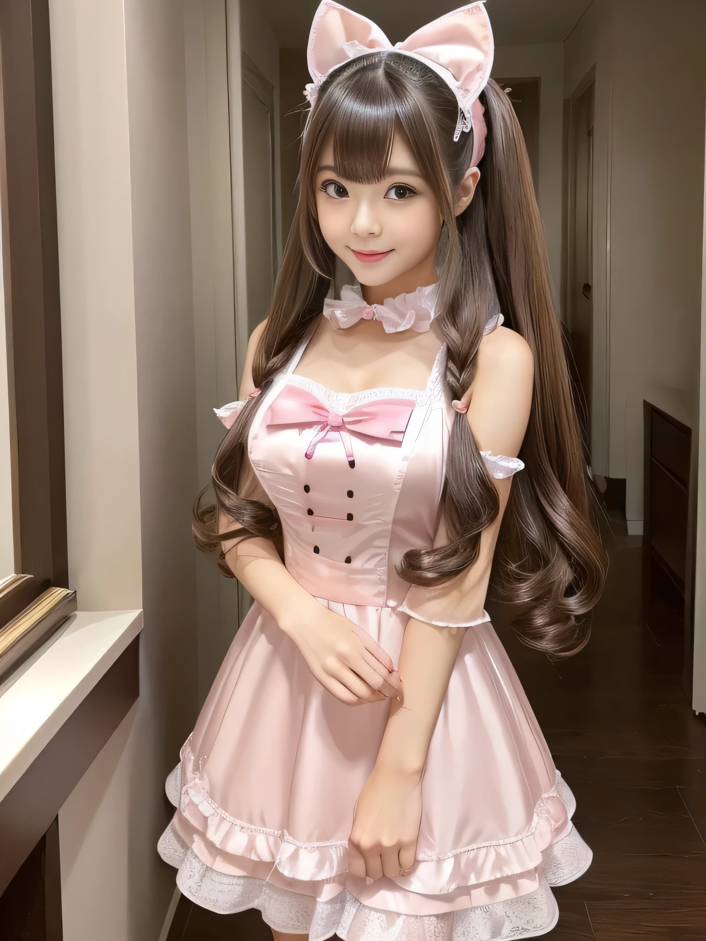 (Her hair color is pink:1.5)　(Random Maid standing upper body shot:1.5)　((woman in a pink and white dress and a pink hat, Maid outfit, Maid dress, Catboy Cosplay! Maid! dress, anime girl in a Maid costume, Maid costume, anime cat girl in a Maid costume, pink lolita dress,Maid, wearing Maid uniform, Lolita Style, High Quality Costume,Sexy female cosplay, Pink shoes for maids))　(Her bangs are the perfect full bangs:1.2)　(Her hairstyle is very curly and in twin tails.:1.3)　((highest quality)), ((masterpiece)), (Familiar), (Get used to it)　(Reaches up to the kneeVery long hair　highest quality　Highest detail　Reaches up to the knee、Very long hair that lasts forever:1.3　Flowing Hair　Very shiny and thick hair　long hair up to the knees:1.2　long hair up to the knees:1.2　Thick and shiny hair　Very free hair　Abnormally long hair!!!!!　Beautiful silky hair　Beautiful and shiny hair　Beautiful and shiny hair　Beautiful silky hair　Hair that grows to the knees　Very very, Very long hair!!!!!　Very very, Very long hair!!!!!)　(highest quality　The best ultra-fine　Reaches up to the knee、Very long hair that lasts forever　Very shiny and thick hair　long hair up to the knees:1.2　long hair up to the knees:1.2　Thick and shiny hair　Very free hair　Abnormally long hair!!!!!　Beautiful silky hair　Super long hair down to the knees　Beautiful and shiny hair　Beautiful and shiny hair　Beautiful silky hair　Hair that grows to the knees　Very very, Very long hair!!!!!　Very very, Very long hair!!!!!)　(She is the cutest 12-year-old maid cafe attendant in Japan.)　Perfect Face　(She has a typical Japanese build and skin color..., Her skin is very high quality and ultra high definition.、very beautiful and glowing skin)　(Excessive breasts:1.2)（She has a professional makeup artist.、It gives a very childlike appearance.　The lipstick is red　The eyeliner is a beautiful black)　(Surreal photos by professional photographers :1.2)　((Her bangs are completely cut off.))　(She has a typical Japanese build and skin color　Her skin is very delicate and sensitive..、and、Such beautiful and radiant s　((highest quality)), ((masterpiece)), (Familiar)　(Get used to it)　Perfect Face　(Her skin is a typical Japanese skin color.　Very detailed)　((Rich 1.4))　(Extremely detailed 8K)　(Ultra-fine skin texture 1.4)　(Actual, Vibrant:1.4), double eyelid　Sharp focus:1.2、Beautiful woman:1.4　Dynamic Lighting　(Genuine RAW photos taken by professional photographers)　(Turn your whole body to the viewer)　Professionally lit from the front　(She looks at the viewer with a very cute smile.)　(Pink floor、Pink table、pink chair、Pink Wall、Pink counter、A cafe that uses a lot of pink..:1.3)