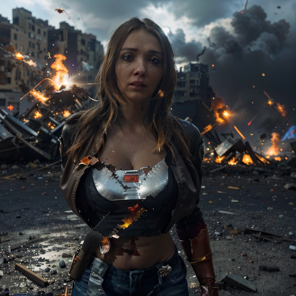 Supergirl,annoyed,very offended,shocked,tattered uniform,ragged uniform,smoking crater,alien robot gorilla,rocket shot,chaotic scene,damaged surroundings,broken buildings,debris,smoke,bright colors,comic book style,heroic pose,strong muscles,fiery explosion,superpowers unleashed,powerful impact,intense energy,superhero costume,flying in the air,cityscape,crowd gathered,admiring fans,impressive backdrop,brooding atmosphere,ominous lighting,vibrant colors,action-packed scene,battlefield,high-intensity conflict,defiance,resolve,victory,defeating the enemy,emotional intensity,street-level perspective,heightened drama,commanding presence,expression of determination,heroic spirit,unwavering courage,brave face,heroism shining through,embodying strength and justice,inspiring hope and admiration,larger-than-life,unstoppable force,unyielding resilience.