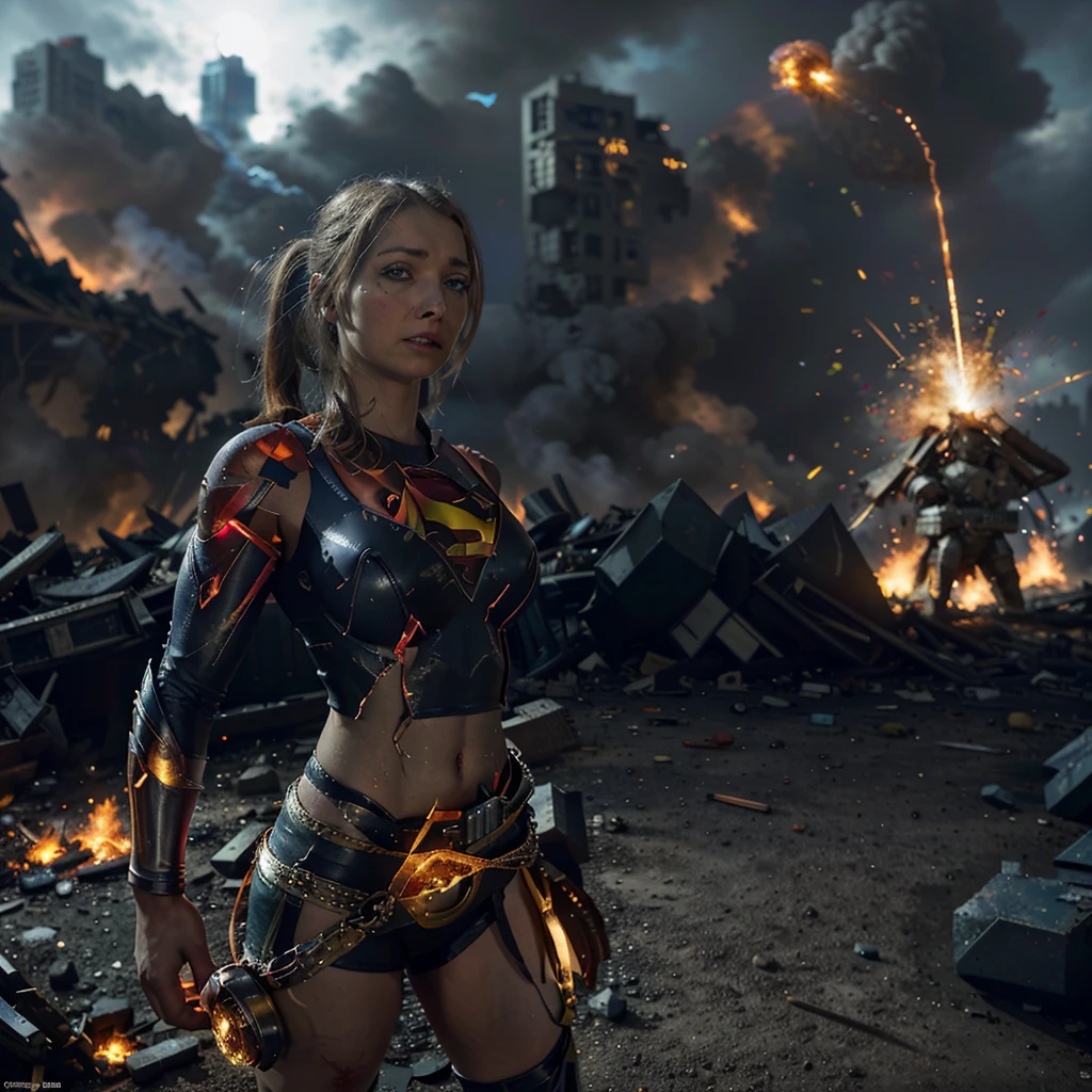 Supergirl,annoyed,very offended,shocked,tattered uniform,ragged uniform,smoking crater,alien robot gorilla,rocket shot,chaotic scene,damaged surroundings,broken buildings,debris,smoke,bright colors,comic book style,heroic pose,strong muscles,fiery explosion,superpowers unleashed,powerful impact,intense energy,superhero costume,flying in the air,cityscape,crowd gathered,admiring fans,impressive backdrop,brooding atmosphere,ominous lighting,vibrant colors,action-packed scene,battlefield,high-intensity conflict,defiance,resolve,victory,defeating the enemy,emotional intensity,street-level perspective,heightened drama,commanding presence,expression of determination,heroic spirit,unwavering courage,brave face,heroism shining through,embodying strength and justice,inspiring hope and admiration,larger-than-life,unstoppable force,unyielding resilience.