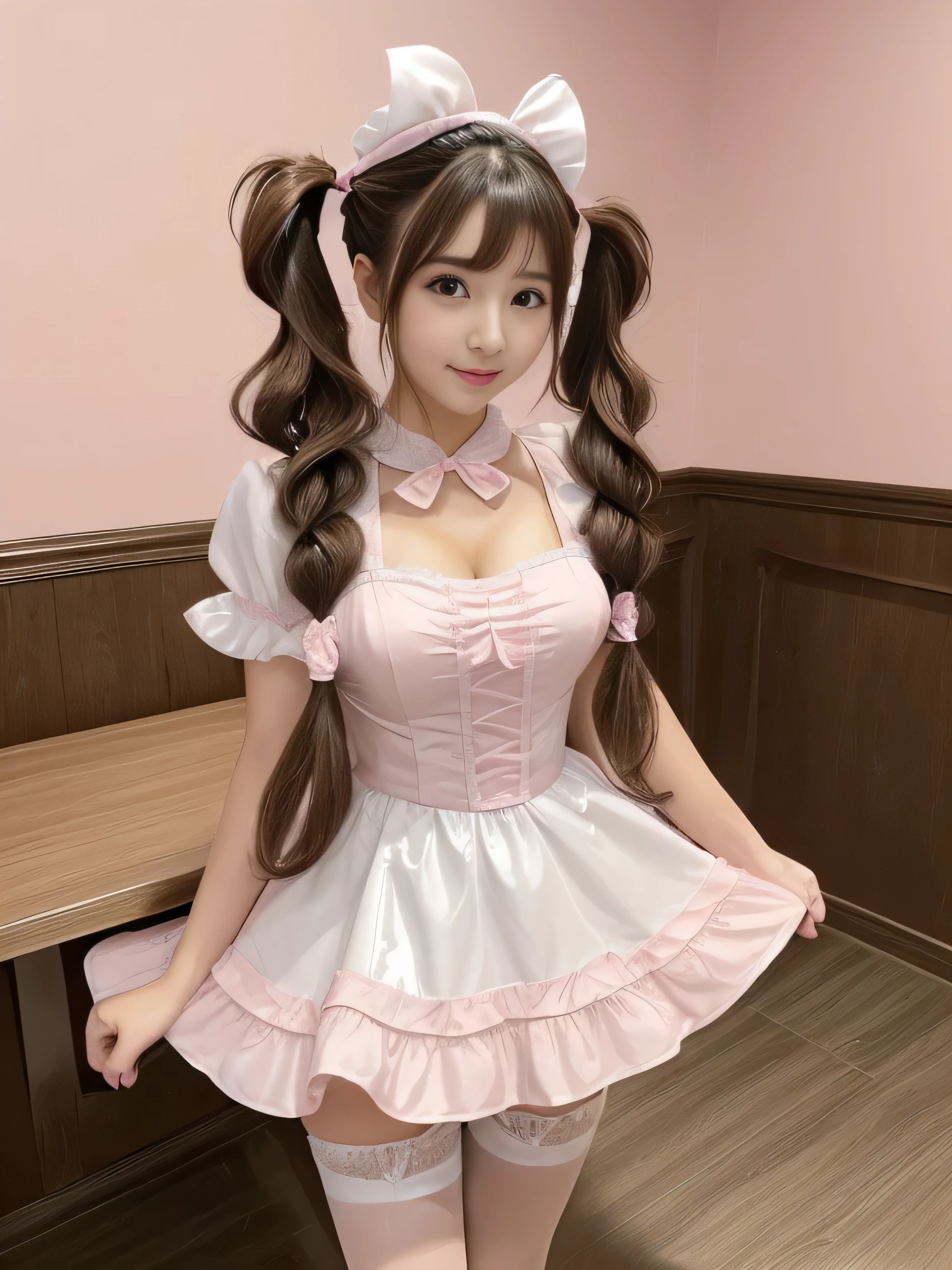 (Her hair color is pink:1.5)　(Random Maid standing upper body shot:1.5)　(Pink floor、Pink table、pink chair、Pink Wall、Pink counter、A cafe that uses a lot of pink..:1.3)　((woman in a pink and white dress and a pink hat, Maid outfit, Maid dress, Catboy Cosplay! Maid! dress, anime girl in a Maid costume, Maid costume, anime cat girl in a Maid costume, pink lolita dress,Maid, wearing Maid uniform, Lolita Style, High Quality Costume,Sexy female cosplay, Pink shoes for maids))　(Her bangs are the perfect full bangs:1.2)　　((highest quality)), ((masterpiece)), (Familiar), (Get used to it)　(Reaches up to the kneeVery long hair　highest quality　Highest detail　Reaches up to the knee、Very long hair that lasts forever:1.3　Flowing Hair　Very shiny and thick hair　long hair up to the knees:1.2　long hair up to the knees:1.2　Thick and shiny hair　Very free hair　Abnormally long hair!!!!!　Beautiful silky hair　Beautiful and shiny hair　Beautiful and shiny hair　Beautiful silky hair　Hair that grows to the knees　Very very, Very long hair!!!!!　Very very, Very long hair!!!!!)　(highest quality　The best ultra-fine　Reaches up to the knee、Very long hair that lasts forever　Very shiny and thick hair　long hair up to the knees:1.2　long hair up to the knees:1.2　Thick and shiny hair　Very free hair　Abnormally long hair!!!!!　Beautiful silky hair　Super long hair down to the knees　Beautiful and shiny hair　Beautiful and shiny hair　Beautiful silky hair　Hair that grows to the knees　Very very, Very long hair!!!!!　Very very, Very long hair!!!!!　Her hairstyle is very curly and in twin tails.:1.5)　(She is the cutest 12-year-old maid cafe attendant in Japan.)　Perfect Face　(She has a typical Japanese build and skin color..., Her skin is very high quality and ultra high definition.、very beautiful and glowing skin)　(Excessive breasts:1.2)（She has a professional makeup artist.、It gives a very childlike appearance.　The lipstick is red　The eyeliner is a beautiful black)　(Surreal photos by professional photographers :1.2)　((Her bangs are completely cut off.))　(She has a typical Japanese build and skin color　Her skin is very delicate and sensitive..、and、Such beautiful and radiant s　((highest quality)), ((masterpiece)), (Familiar)　(Get used to it)　Perfect Face　(Her skin is a typical Japanese skin color.　Very detailed)　((Rich 1.4))　(Extremely detailed 8K)　(Ultra-fine skin texture 1.4)　(Actual, Vibrant:1.4), double eyelid　Sharp focus:1.2、Beautiful woman:1.4　Dynamic Lighting　(Genuine RAW photos taken by professional photographers)　(Turn your whole body to the viewer)　Professionally lit from the front　(She looks at the viewer with a very cute smile.)　