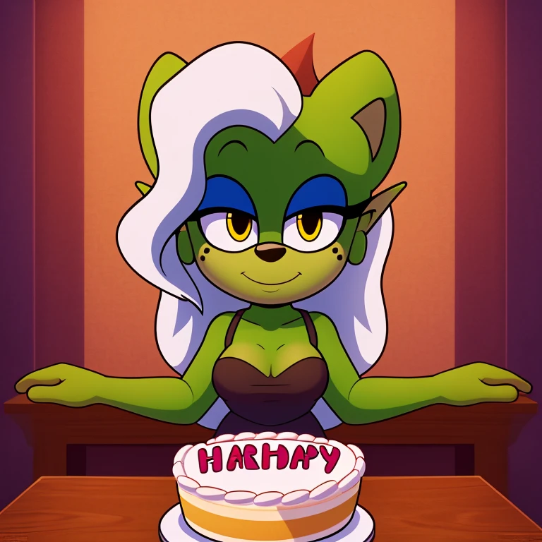 masterpiece, detailed background, hi res, detailed, 4k, mobian, green skin, white hair, wavy hair, long hair, yellow eyes, pointy ears, medium breasts, freckles, casual clothes, wamudraws_style, happy birthday, birthday birthday cake,