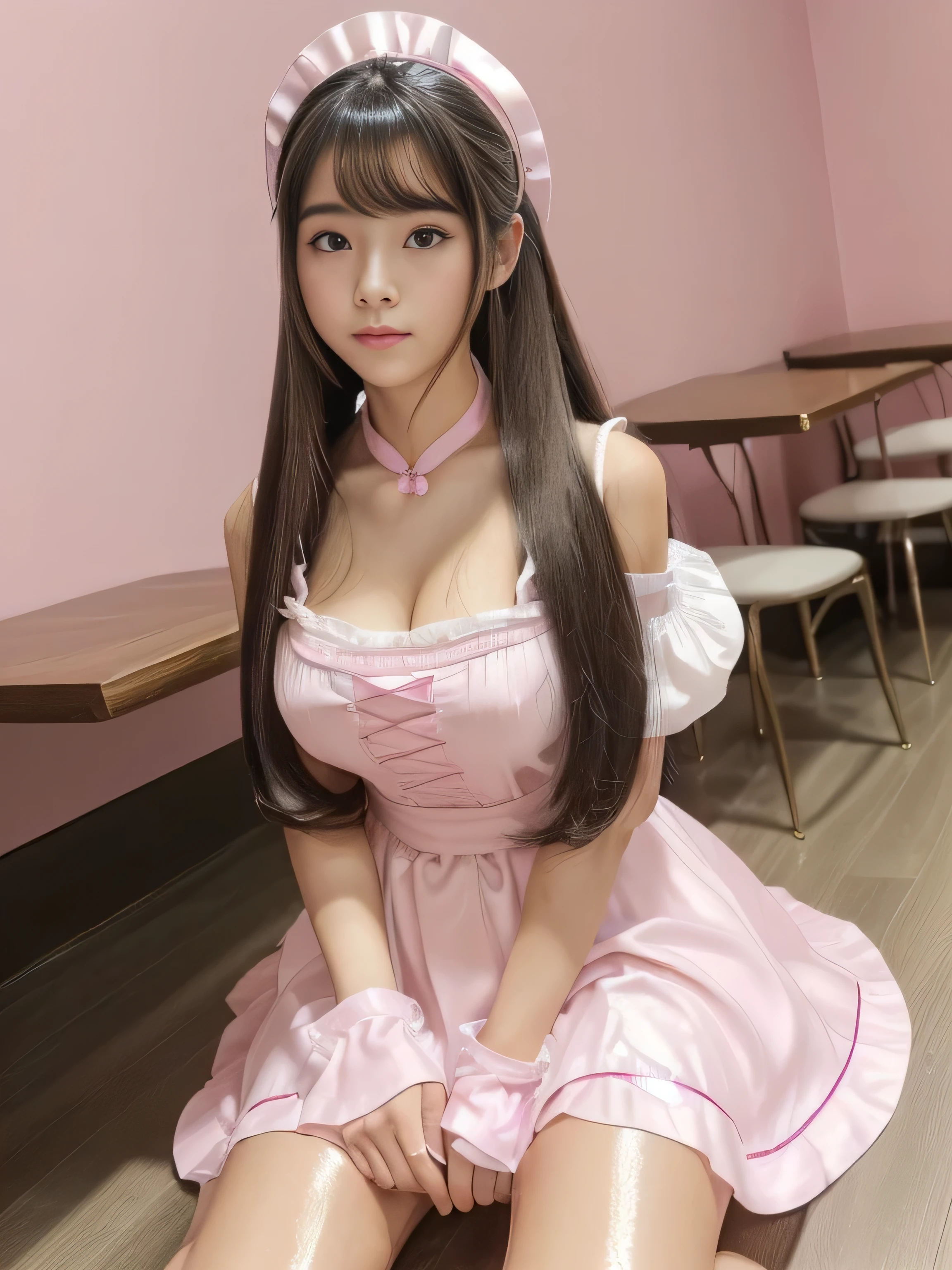 (Her hair color is pink:1.5)　(Pink floor、Pink table、pink chair、Pink Wall、Pink counter、A cafe that uses a lot of pink..:1.3)　((woman in a pink and white dress and a pink hat, Maid outfit, Maid dress, Catboy Cosplay! Maid! dress, anime girl in a Maid costume, Maid costume, anime cat girl in a Maid costume, pink lolita dress,Maid, wearing Maid uniform, Lolita Style, High Quality Costume,Sexy female cosplay, Pink shoes for maids))　(Her bangs are the perfect full bangs:1.2)　(Random Maid standing upper body shot:1.5)　((highest quality)), ((masterpiece)), (Familiar), (Get used to it)　(Reaches up to the kneeVery long hair　highest quality　Highest detail　Reaches up to the knee、Very long hair that lasts forever:1.3　Flowing Hair　Very shiny and thick hair　long hair up to the knees:1.2　long hair up to the knees:1.2　Thick and shiny hair　Very free hair　Abnormally long hair!!!!!　Beautiful silky hair　Beautiful and shiny hair　Beautiful and shiny hair　Beautiful silky hair　Hair that grows to the knees　Very very, Very long hair!!!!!　Very very, Very long hair!!!!!)　(highest quality　The best ultra-fine　Reaches up to the knee、Very long hair that lasts forever　Very shiny and thick hair　long hair up to the knees:1.2　long hair up to the knees:1.2　Thick and shiny hair　Very free hair　Abnormally long hair!!!!!　Beautiful silky hair　Super long hair down to the knees　Beautiful and shiny hair　Beautiful and shiny hair　Beautiful silky hair　Hair that grows to the knees　Very very, Very long hair!!!!!　Very very, Very long hair!!!!!　Her hairstyle is Maid&#39;s very voluminous drill twin.:1.5)　(She is the cutest 12-year-old maid cafe attendant in Japan.)　Perfect Face　(She has a typical Japanese build and skin color..., Her skin is very high quality and ultra high definition.、very beautiful and glowing skin)　(Excessive breasts:1.2)（She has a professional makeup artist.、It gives a very childlike appearance.　The lipstick is red　The eyeliner is a beautiful black)　(Surreal photos by professional photographers :1.2)　((Her bangs are completely cut off.))　(She has a typical Japanese build and skin color　Her skin is very delicate and sensitive..、and、Such beautiful and radiant s　((highest quality)), ((masterpiece)), (Familiar)　(Get used to it)　Perfect Face　(Her skin is a typical Japanese skin color.　Very detailed)　((Rich 1.4))　(Extremely detailed 8K)　(Ultra-fine skin texture 1.4)　(Actual, Vibrant:1.4), double eyelid　Sharp focus:1.2、Beautiful woman:1.4　Dynamic Lighting　(Genuine RAW photos taken by professional photographers)　(Turn your whole body to the viewer)　Professionally lit from the front　(She looks at the viewer with a very cute smile.)　