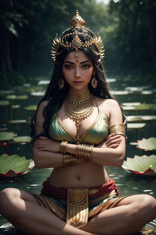 Hindu goddess seating on big lotus at pound, crossed arms, with trishul, lovely face expression, gold jewellery, nice eyes, bright skins, 300 DPI, Ethereal Art, Mysterious, Enchanting Atmosphere, bokeh, photo realistic, masterpiece, 8k, dark, dynamic action, beyond imagination, soft focus, dark vignetting, light leaks, medium photography, gloomy artistic painterly ethereal, whimsical, coarse grain photo