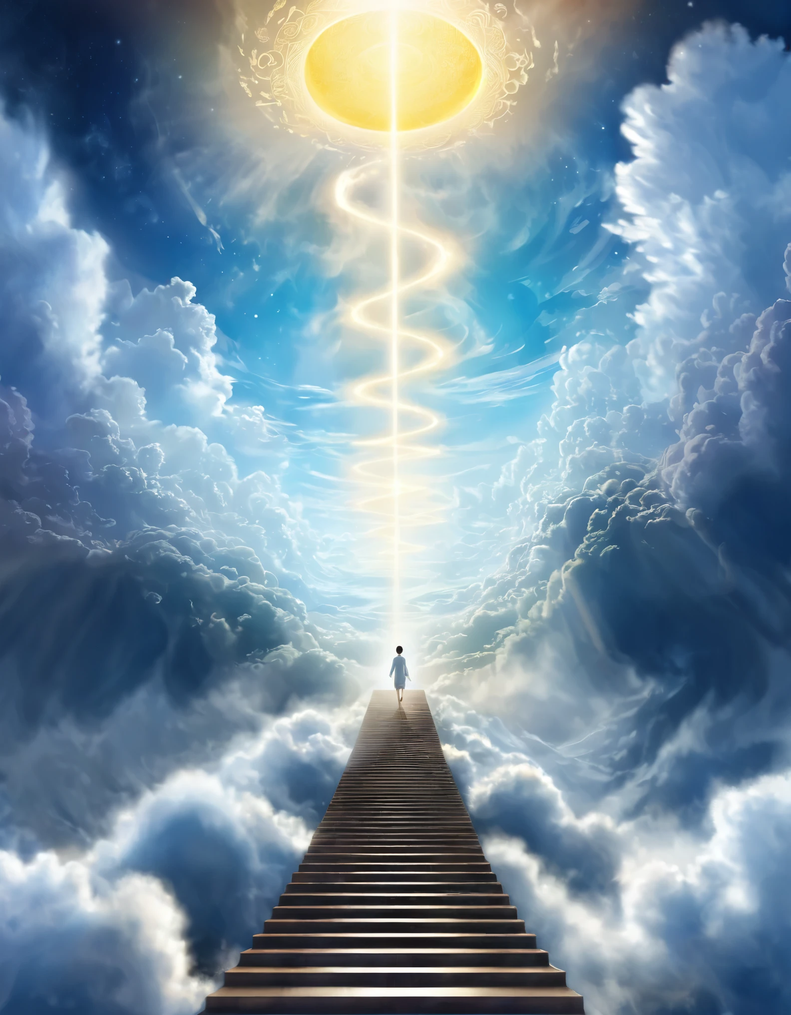 Digital illustration of a figure ascending a staircase of clouds towards a glowing celestial portal, representing the journey to higher realms on Ascension Day，Xill，xianxia