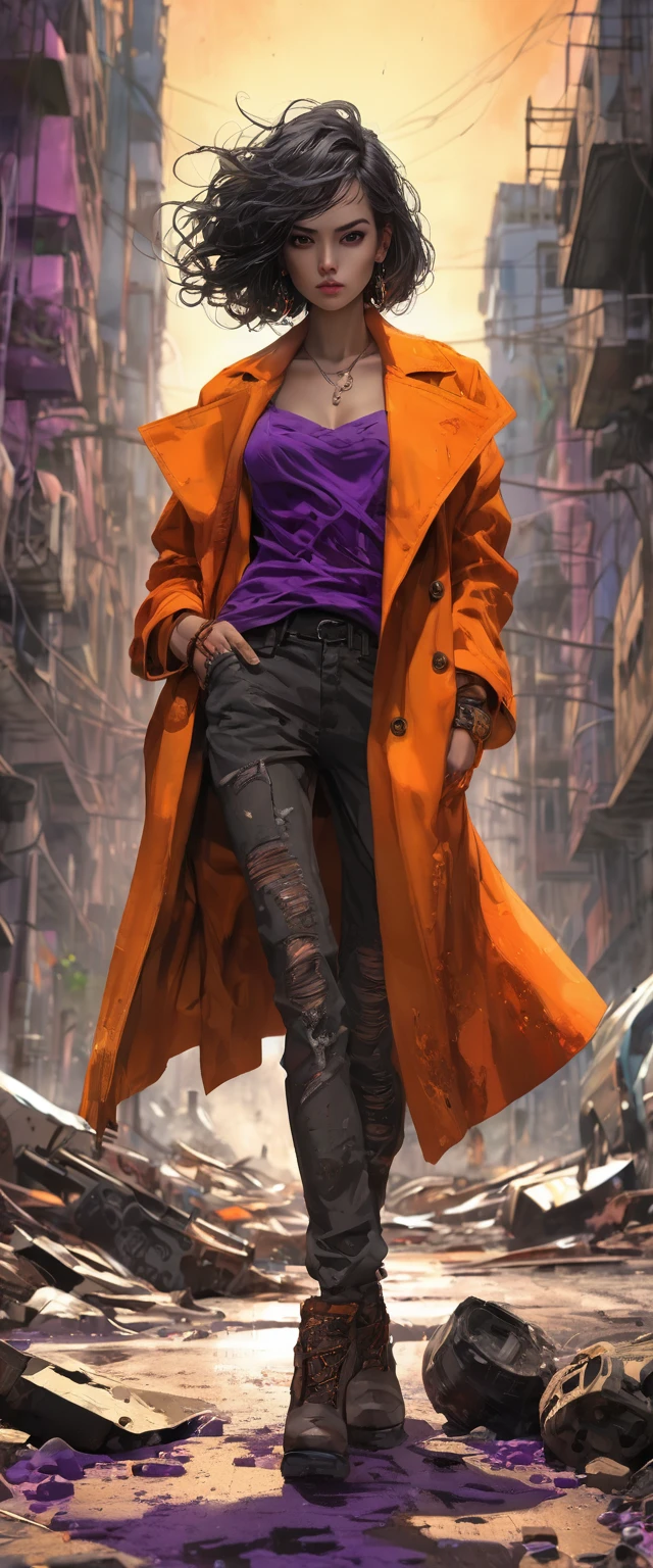 oscuro y desgarrado, 1 joven hermoso cuerpo musculoso, fierce expression, sosteniendo un arma, (colores en su ropa, warm, naranja, amarillo, Violeta:1.3), standing in a desolate wasteland, dramatic lighting, sombras intensas, textura arenosa, tall contrast, Colores vibrantes, dynamic pose, postura poderosa, fondo rugoso, explosive atmosphere, dystopian theme, elementos surrealistas, digitally painted illustration, High definition resolution, detalles intrincados, dramatic composition, avant-garde and chaotic brushstrokes, Gothic style, emociones intensas, epic scale, raw and gritty feeling, Obras de arte cautivadoras y provocativas..