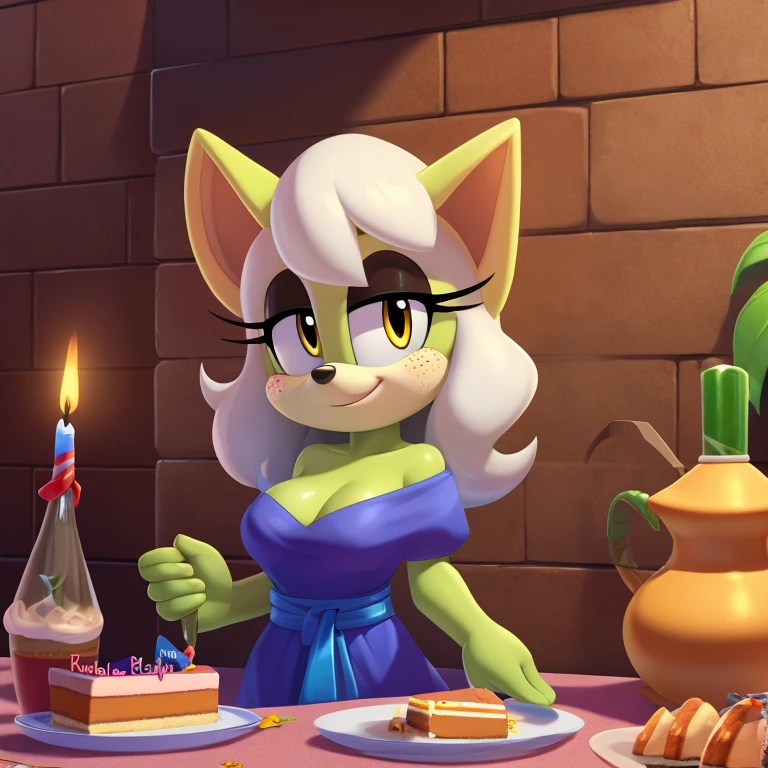 masterpiece, detailed background, hi res, detailed, 4k, mobian, green skin, white hair, wavy hair, long hair, yellow eyes, pointy ears, medium breasts, freckles, casual clothes, wamudraws_style, happy birthday, birthday birthday cake,