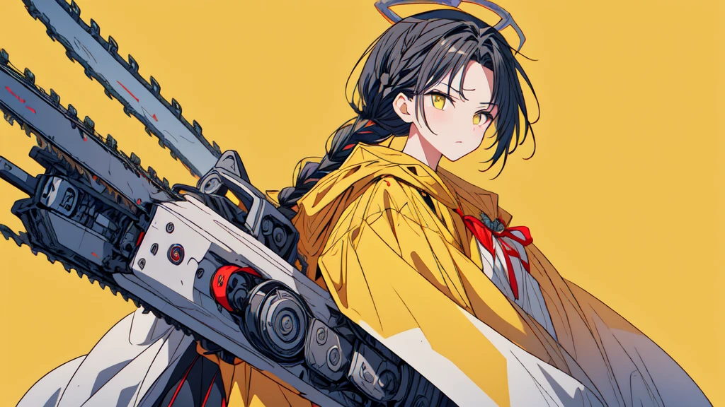 (dramatic、Rough、strong:1.4)、Disorganized、masterpiece、highest quality、8K、Insane Details、Intricate details、Hyper Detail、Hyper Quality、High Detail、Super detailed、(Yellow background:1.2)、[(Yellow background:1.5) ::5]、1 girl、solo、oversized hooded jacket、(Mechanical Chainsaw Holder:1.2)、(whole body:1.2)、中心人物として若いwomanをフィーチャーした映画ポスター。Wearing stylish and edgy outfits、With a determined expression, he stands in the center of the poster.々She is standing there。背景は暗くてRoughしていて、It gives a sense of danger and intensity。The text is bold and attention grabbing、Catchy catchphrases enhance the overall sense of drama and excitement。The color palette is mainly dark、It is sprinkled with bright colors.、It gives the poster a dynamic and visually striking look.。Portrait (magazine:1.3)、(Cover Style:1.3)、fashionable、woman、Vibrant、clothing、Pause、front、colorful、(Light anger: 1.2)(More halo: 1.5)(Floating cape and skirt: 1.1)(Wicked Smile: 1.0)、(Red ribbon)、(blood on a face: 0.8)、(Braid: 1.5)、Landscape glance、(Mole under the eye:0.8)、(Cold attitude、eye shadow、eyeliner:1.1)、