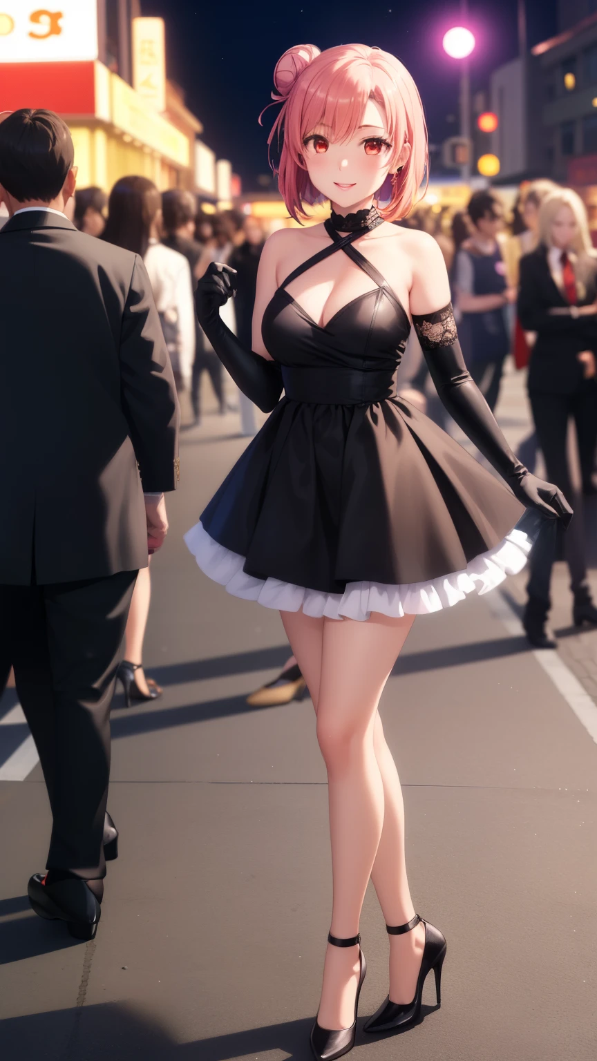 masterpiece, best quality, 1girl, single hair bun, medium breasts, glossy lips, light smile, good lighting, yuigahama yui, elbow gloves, city street, neon lights, night, crowd, standing, high heels, dress