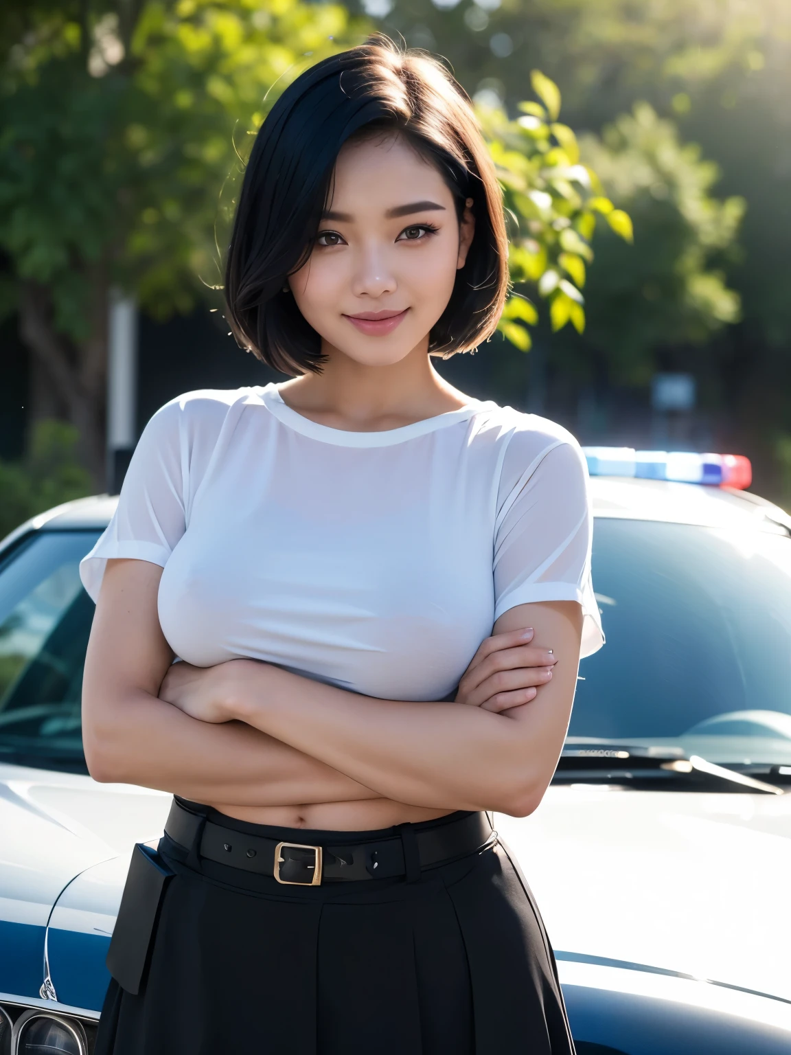 (top-quality,8K picture quality,masterpiece:1.3,),(超A high resolution,Photorealsitic:1.4,Raw photography),(ultra-detailliert,Caustics,perfect anatomia),(Ultra-realistic capture,Beautifully detailed skin),(A police officer wearing a miniskirt stands proudly in front of a police car),Cross your arms,24 year old,kawaii,pretty black hair,a short bob,Single eyelid,a smile,stares at the camera,(large boob),cowboy shot,natural soft light, ThaifaceMIXX