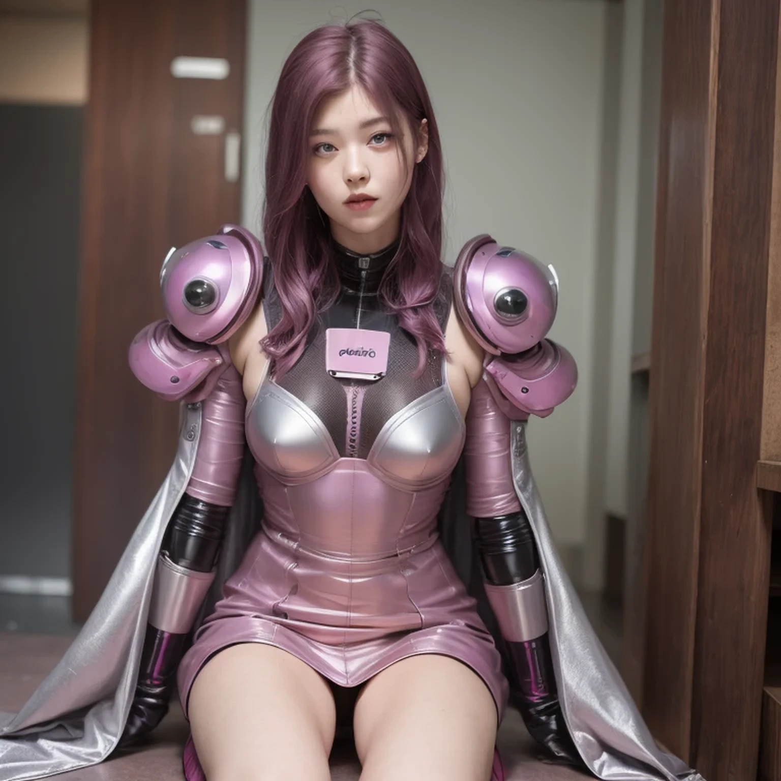 photo of a college student, Purple-Pink Gradient,（（（kneel）））futuristic space suit, (Color tattoo:0.8) cute face, sci-fi, dystopian, detailed eyes, Heterochromia eyes（（Side view））Back Room，Breething burgundy hair