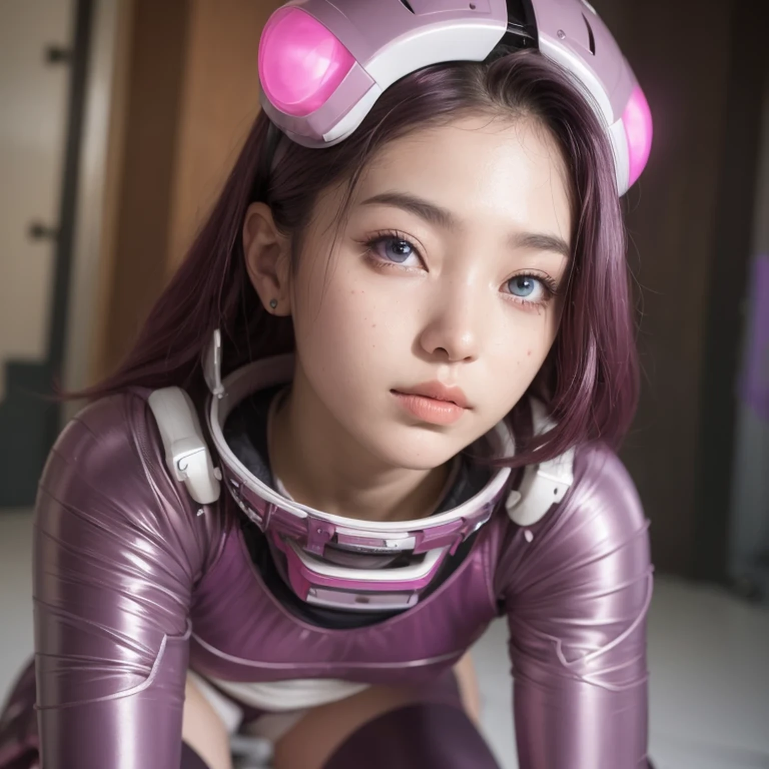 photo of a college student, Purple-Pink Gradient,(((kneel)))futuristic space suit, (Color tattoo:0.8) cute face, sci-fi, dystopian, detailed eyes, Heterochromia eyes((Side view))Back Room,Breething burgundy hair