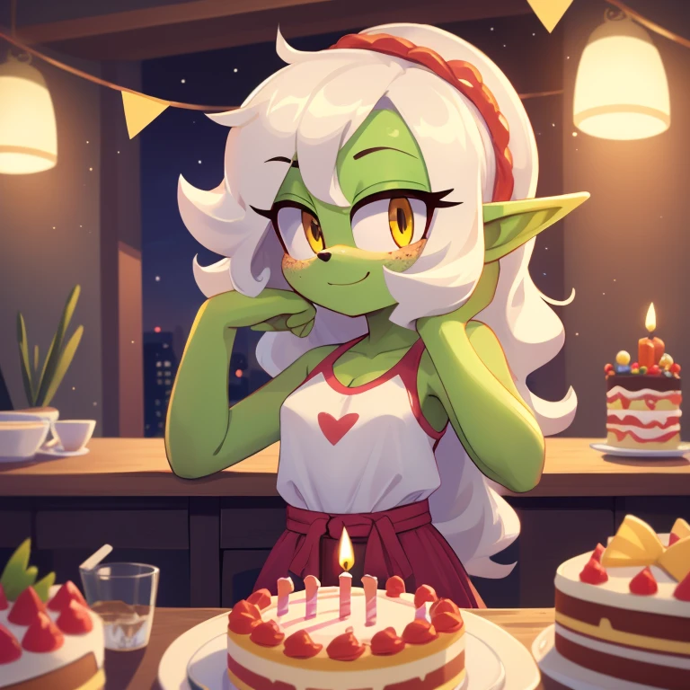 masterpiece, detailed background, hi res, detailed, 4k, mobian, green skin, white hair, wavy hair, long hair, yellow eyes, pointy ears, small breasts, freckles, casual clothes, wamudraws_style, happy birthday, birthday birthday cake,