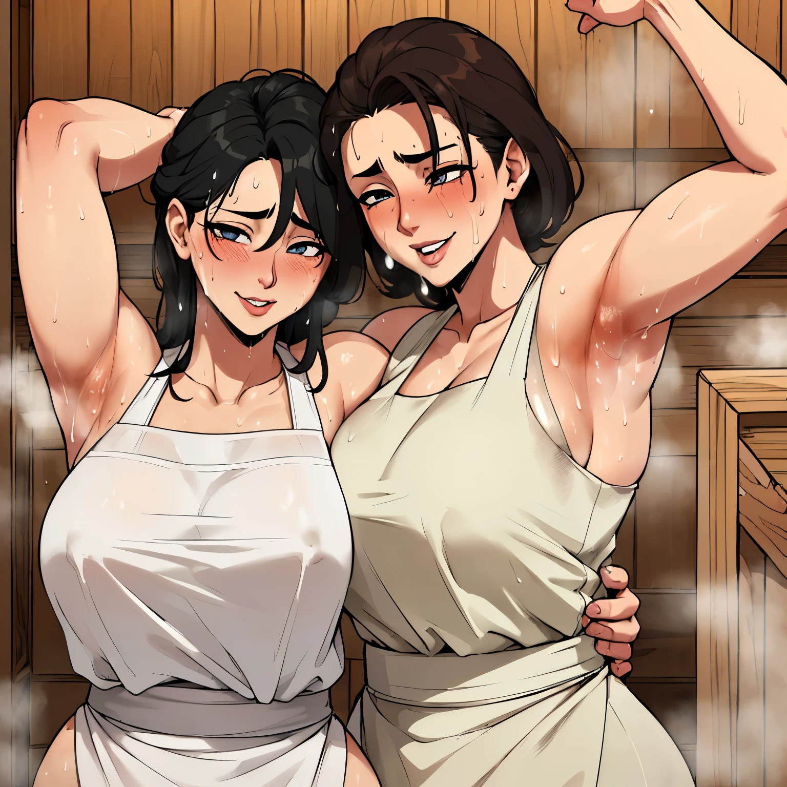 (highest quality:1.2),(Perfect beautiful face:1.2),(Perfect and beautiful posture:1.2),(Three extremely sweaty people hugging each other,((Sweaty body:1.2), (Thick eyebrows:1.0),(Chubby:0.8), (Wearing a sweaty white apron, (sweat stain:1.3)), The smell of sweat drifts, Beautiful dark eyes, smile, (mature female), In a small sauna, Dark armpit odor