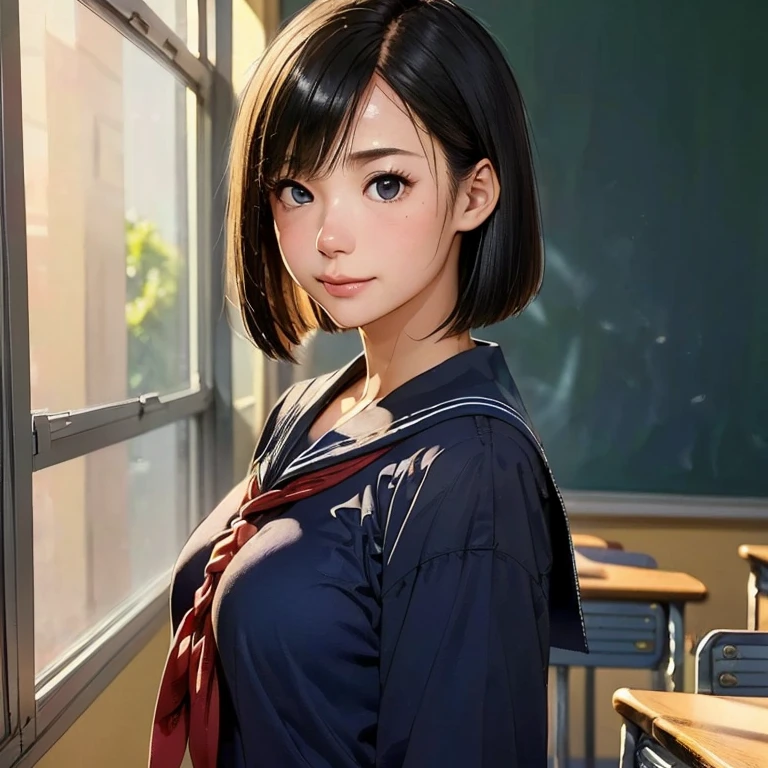 (kawaii 24 year-old Japanese girl, Nogizaka idol, Korean idol), (glossy black hair, medium bob cut, bangs:1.3), (deep black eyes, rounded face, single eyelid, no makeup, soft smiling:1.2), (wearing Japanese highschool uniforms, sailor suits, serafuku:1.3), (extra small breasts:0.9), (looking at camera:1.2), BREAK, (at classroom, summer daytime:1.3), (dynamic angle, bust shot:1.3), BREAK, (masterpiece, best quality, photo realistic, official art:1.4), (UHD, 8K quality wallpaper, high resolution, raw photo, golden ratio:1.3), (shiny skin), professional lighting, physically based rendering, award winning, (highly detailed skin, extremely detailed face and eyes), Carl Zeiss 85 mm F/1.4, depth of field, 1girl, solo,