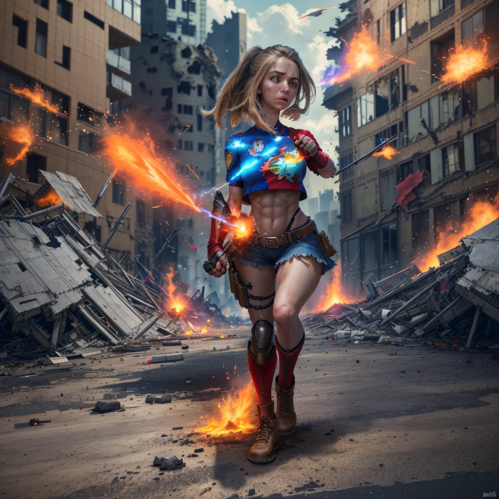 Supergirl,annoyed,very offended,shocked,tattered uniform,ragged uniform,smoking crater,alien robot gorilla,rocket shot,chaotic scene,damaged surroundings,broken buildings,debris,smoke,bright colors,comic book style,heroic pose,strong muscles,fiery explosion,superpowers unleashed,powerful impact,intense energy,superhero costume,flying in the air,cityscape,crowd gathered,admiring fans,impressive backdrop,brooding atmosphere,ominous lighting,vibrant colors,action-packed scene,battlefield,high-intensity conflict,defiance,resolve,victory,defeating the enemy,emotional intensity,street-level perspective,heightened drama,commanding presence,expression of determination,heroic spirit,unwavering courage,brave face,heroism shining through,embodying strength and justice,inspiring hope and admiration,larger-than-life,unstoppable force,unyielding resilience.