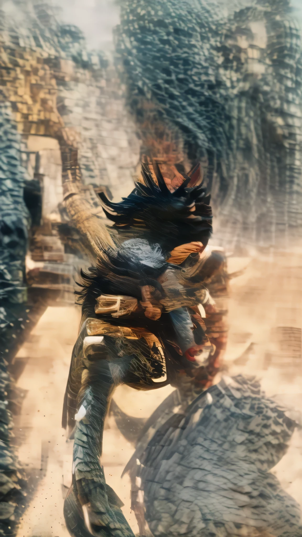 masterpiece, high quality, best quality, beautiful, hd, realistic, perfect lighting, detailed face, detailed body, 1 man, solo, black hair, green eyes, long black beard, brown and worn leather clothing gladiator style: 1.4), leather breastplate, 1 wooden spear in hands, war battle background, gladiator style, muscular men, robust, angry look,