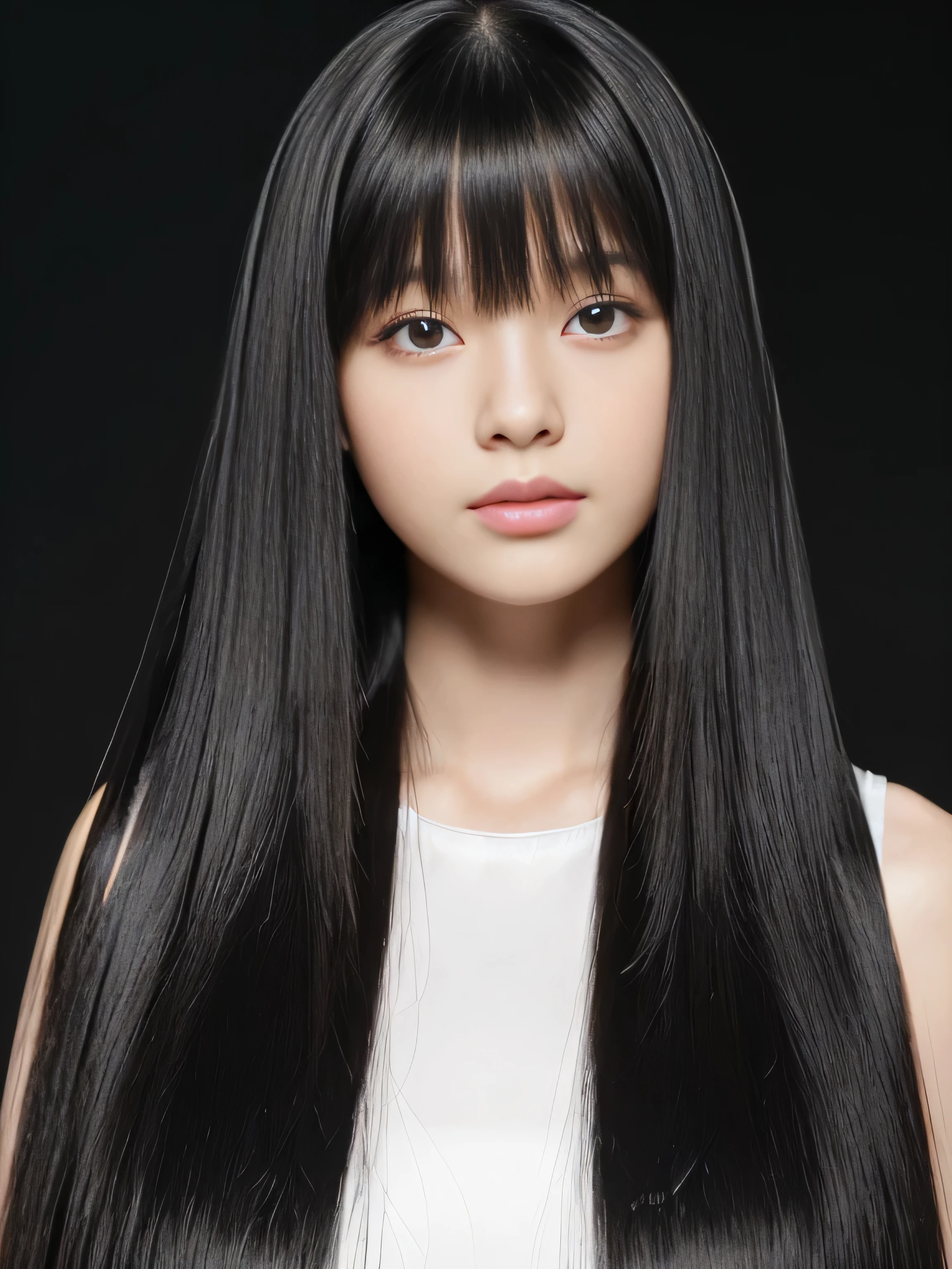 ((Random poses that show as much back and hair as possible:1.3))　((Beautiful -yeld juwith long black hair, girl with super length Hair, extremely length Hair, extra length Hair, very long, Flowing Hair, very length Hair, length Hair girl, very long, Flowing black hair, length Hair windy, Very long black hair, length, Flowing Hair, length and curly hair, with length Hair, length Hair!!!!　Stand in front of a mirror　Her highest quality hair is long and straight., very long, highest quality black hair, length hair in the center, Highest quality long straight hair, length, straight, beautiful, High quality hair, length and free black highest quality straight hair, length Hair, length and straight, highest quality black hair, Perfect silky straight hair of the highest quality, straight, highest quality black hair, length black straight hair, length, Thin black hair　Her hair is long and straight, very long black hair, length hair in the center, length straight hair, length, straight, beautiful hair of the highest quality, length Hair, length, straight black hair, length and free straight black hair, straight black hair))　(Her bangs are perfect.:1.3)　(Pure white wall background:1.8. Photo of upper body from waist up)　(Japan&#39;The cutest 12 year old hair model)　(Shehe viewer with a very seductive expression..)　((highest quality)), ((masterpiece)), (Familiar)　(Get used to it)　Perfect Face　　(Her skin is a typical Japanese skin color.、And very detailed)　　(Big Breasts:1.3)　(She is wearing a light blue skirt and a white blouse..)　(She has a beautiful face and a slim figure..., Narrow eyes)　(She has perfect beautiful makeup and face　Lipstick is light red　A solid eyeliner)　((Rich 1.4))　(Extremely detailed 8K)　(Ultra-fine skin texture 1.4)　(Actual, Vibrant:1.4), double eyelid　Sharp focus:1.2、Beautiful woman:1.4　Dynamic Lighting　(Genuine RAW photos taken by professional photographers)　(Her long bangs、Well Organized)　(Turn your whole body to the viewer)　Professionally lit from the front　(She has a bright and cheerful face)　(Above the knee shot)