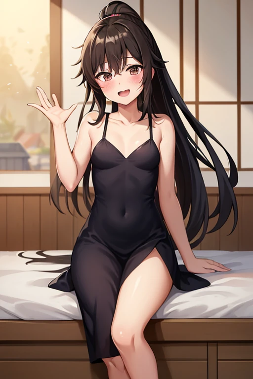 ((highest quality)), ((masterpiece)), (be familiar with), Perfect Face, indoor, Bedroom, Watching the audience,
One woman, Zenyuan Maki,
Open Mouth, Ecstatic expression, blush, smile,
Small breasts, Flat Chest, Young Girl, , , Girl,
Long Hair, ponytail,
Leg spread,