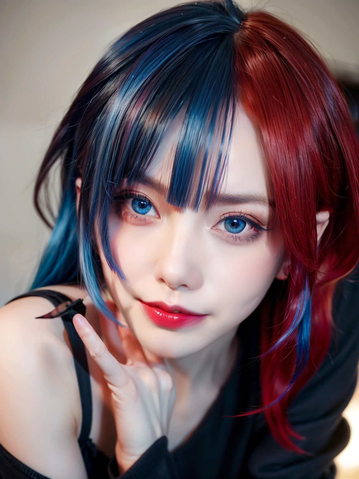 masterpiece, best quality, highly detailed,1girl,indoors, adult, split-color hair, red hair, blue hair, hair over eye, dynamic pose, clothes, smile, lipstick, bright blue eyes